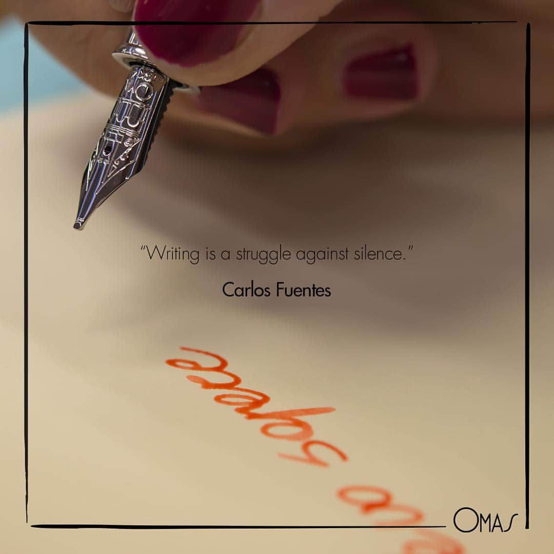オマスのインスタグラム：「Writing is a struggle against silence. #OMASinspiration #instaquote #OMAS #Fountainpen #Pen #Calligraphy #FPGeeks #slowliving #handwrite #handmade #instapen #handicraft #madeinitaly #art #writing #write #ink #penworld #CarlosFuentes」