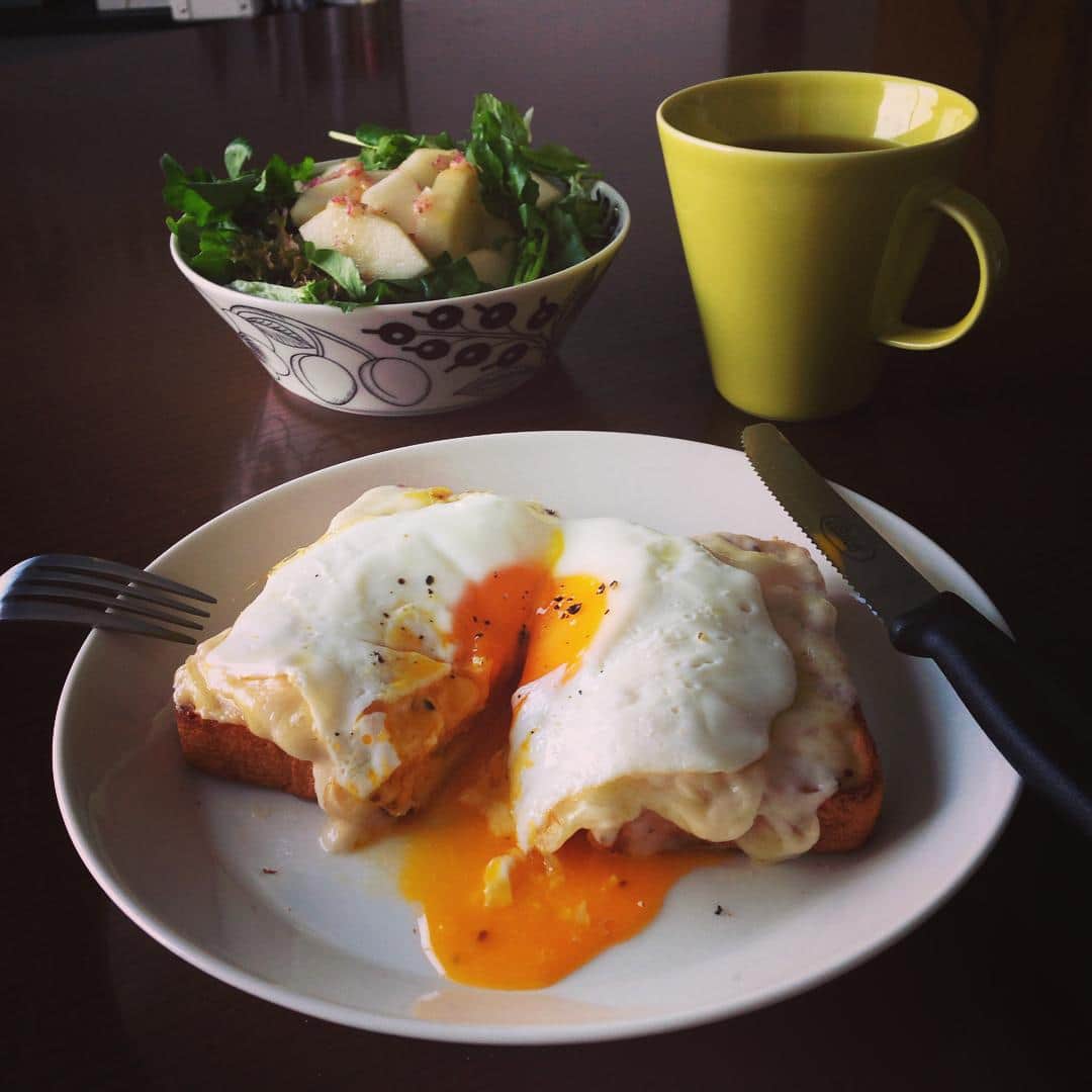 のインスタグラム：「黄身がとろ〜っ🍳 #目玉焼き #クロックムッシュ #balmuda #バルミューダ」