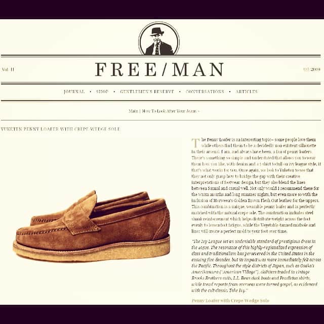 ユケテンのインスタグラム：「Thank you Darian @free_man_ for the nice write up!  http://www.freemanbrand.com/journal/yuketen-penny-loafer-with-crepe-wedge-sole.html  #freeman #journal #yuketen #pennyloafer #moccasins #madeinusa」