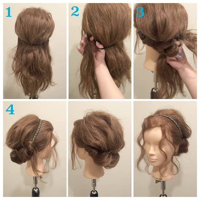 yu nakamura ヘアアレンジ hairarrangeさんのインスタグラム写真 - (yu nakamura ヘアアレンジ hairarrangeInstagram)「〜ヘアバンドアレンジ〜 ヘアバンドに巻き込んでギズソンタック  1. 上からヘアバンドをつける。  2. 端から順にヘアバンドに巻きつける様に  髪をヘアバンドに通しては新しい髪と通した  髪を合わせての通す、の繰り返し。  3. キツめに締めながら。  4. 最後の毛先はネープに隠すように  ピンで留める。  完成♡  #ギブソンタック #簡単アレンジ #ヘアアレンジ #波ウェーブ#一宮 #ヘア #アレンジ #プロセス #ヘアバンド #ヘアアクセサリー」3月14日 12時41分 - desir_yu