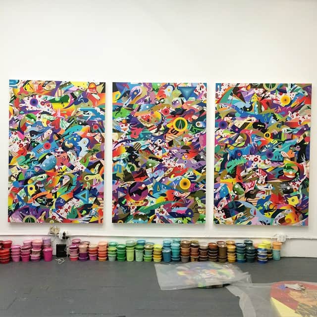 のインスタグラム：「Sun Is Rising, 2013-14  Acrylic on wood panel,  Triptych 48x72 in each」