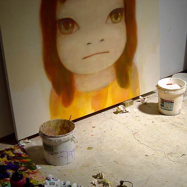 奈良美智のインスタグラム：「2006  when the morning has come in my studio. just almost finished the painting, titled "White Night ". you can meet her in Hong Kong now.」