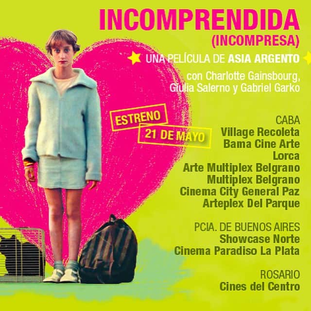 アーシア・アルジェントさんのインスタグラム写真 - (アーシア・アルジェントInstagram)「Hola Argentina #Incomprendida #Incompresa is released tomorrow by @zeta_films in these cinemas」5月20日 14時46分 - asiaargento