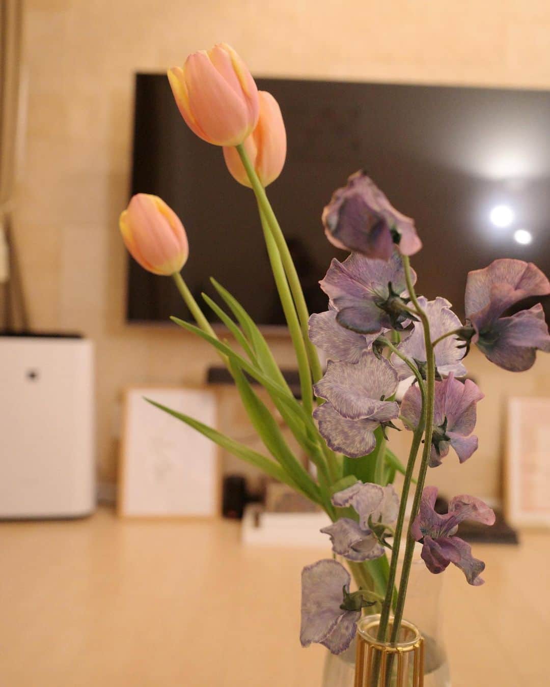 江野沢愛美さんのインスタグラム写真 - (江野沢愛美Instagram)「昨日買った花瓶に早速桜を購入して生けてみました🌸 いつもはダイニングテーブルの上に飾っています♡  おまけにスイートピーとチューリップも購入🌷  春だいすき☺︎ #お花のある暮らし #flower #桜」3月24日 22時02分 - enosawa_manami