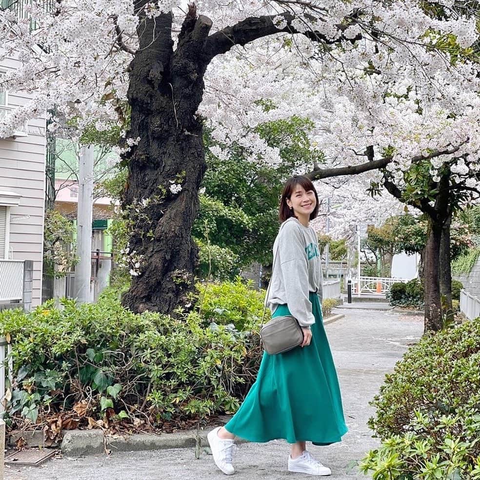 相沢まきさんのインスタグラム写真 - (相沢まきInstagram)「《東京は桜🌸満開🌸》 お散歩がてらお花見へ✨ @elura_official の展示会でオーダーしたスカートを履いて珍しくグリーンコーデ✨ 春になると明るい色の服が着たくなりますね😁 #お花見　#Elura #エルーラ　#大人の悩みに効くコーデ #elura2022ss #ママコーデ　#プチプラコーデ」3月27日 16時36分 - maki_aizawa0414