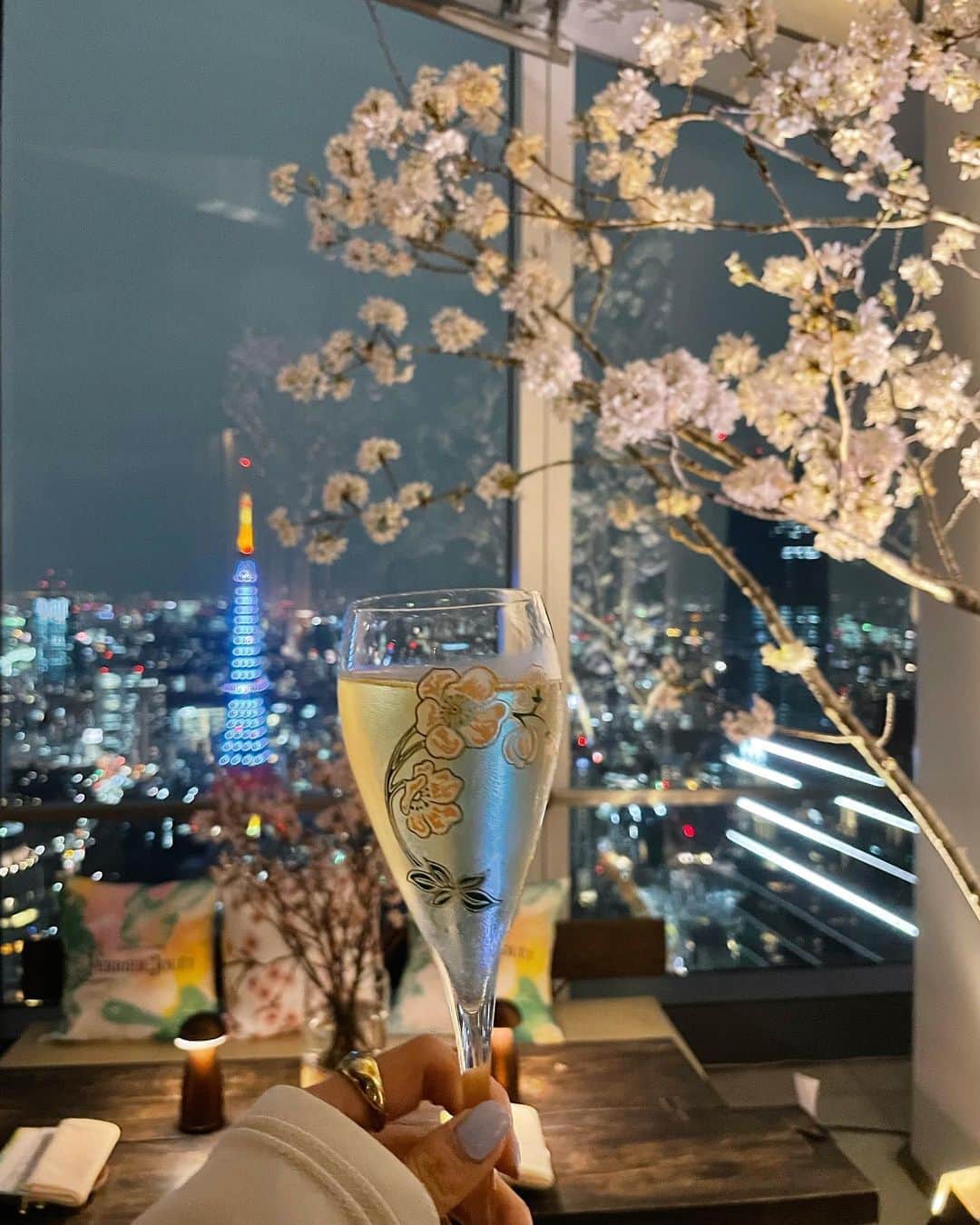 田中里奈さんのインスタグラム写真 - (田中里奈Instagram)「🌸🌸🌸🗼  東京タワーを眺めながら、地上52階からのお花見🌸 アンダーズ東京で4月1日から始まる桜イブニングプランに招待して頂いて、りえちゃんとお邪魔してきました✨  ペリエジュエのシャンパンと共に過ごす、大人な時間🥂（私はジンジャエールで乾杯♡） 個人的にここ数年のクリスマスディナーはアンダーズで過ごしてるのもあって、桜の時期にも来れて嬉しいな〜☺️ 私の中で春のアンダーズは桜アフタヌーンティーのイメージが強かったけど、たまにはこういう雰囲気もいいな♡  ちなみに、トップスのチュニックは @bonjoursagan のもの。 黒も持ってるけど白も可愛くて…！  #アンダーズ東京 #ペリエジュエ #andaztokyo #perrierjouet #sakuragarden #さくら #たなか旅メモ」4月1日 20時54分 - tanakaofficial