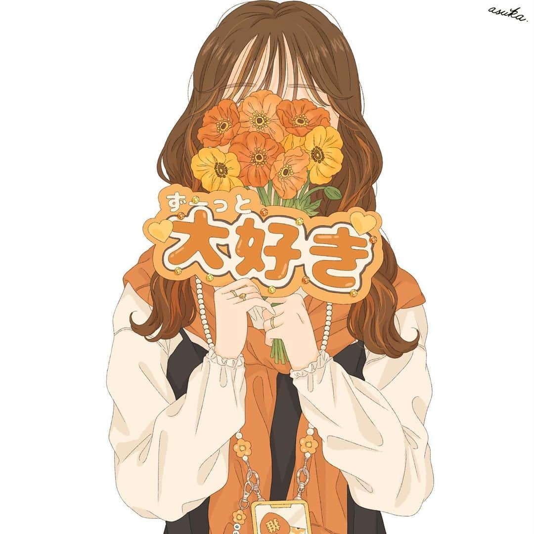 asukaさんのインスタグラム写真 - (asukaInstagram)「・ 🧡メンカラ×花言葉🌼 「恋の予感」  今回はメンカオレンジの女の子🍊 #フリーアイコン ですのでご自由にお使いくださいっ！ 次のカラーもお楽しみに…✍🏻💓 ・ ・ #fff #f4f #l4like #l4l #instagood #instafashion #instalike #イラストグラム  #オリジナルイラスト #おえかき #art #コーデイラスト #ファッションイラスト #オレンジコーデ #スマホチェーン #ポピー #お洒落なジャニオタさんと繋がりたい #インナーカラー #メンカラコーデ #メンカラ #うちわ文字  #参戦服 #フリーアイコン配布中」4月5日 21時09分 - a20_suka002018