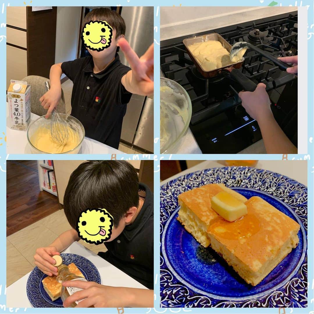 小倉優子さんのインスタグラム写真 - (小倉優子Instagram)「今日のお昼ご飯は、 長男がパンケーキと キュウリとハムのサラダを作ってくれました😊✨  私はパンケーキは丸いと思い込んでいましたが、四角いパンケーキとは子供の思考力は素晴らしいと思いました✨✨  ひっくり返すところを見逃してしまいましたが、思ってたより楽にひっくり返せたみたいです🌟  すっかり料理にハマっている長男✨✨ 最後は、写真も撮っていました❣️❣️  卵焼きのフライパンで焼くと 一気に焼けて、時短にもなるなぁと 長男から学ばせてもらいました💕」5月7日 22時08分 - ogura_yuko_0826