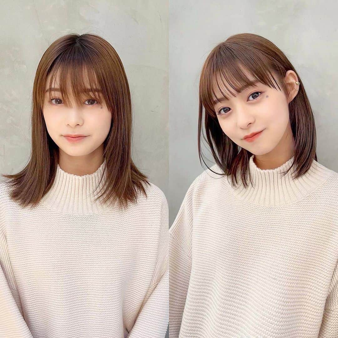 及川天和さんのインスタグラム写真 - (及川天和Instagram)「#夏 に真似したくなる！さくらちゃんミディアムヘアー✨　 大人気のビフォーアフターと最近の写真も🙆‍♂️ スワイプ推奨→→→  髪型が決まらない日の "ちょっ変え"見違えテクニックは内か外て気分を変えれる。  毛先がまとまらかったり。髪型が決まらない日は朝から憂鬱な気分になるもの。  そんな気分までリセットしてくれる、ミディアムヘアです！  #前髪うすめ #ぱっつん前髪  #韓国へア#くびれヘア #韓国スタイル #ワンホン#ワンホンヘア #韓国ヘアスタイル #オリーブグレージュ #韓国風へア #レイヤーカット #ヨシンモリ #くびれ巻き #ヘアカラー#グレージュ #新宿美容室#韓国女子 #小顔カット #顔まわりレイヤー #ミディアム」5月23日 9時31分 - tenhouo