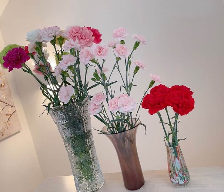 島本真衣さんのインスタグラム写真 - (島本真衣Instagram)「先日いただいたカーネーションが本当にキレイで見る度に幸せな気持ちになります🤍 ３つの花瓶に分けて飾ってみました♪  #花 #カーネーション #カラフル #きれい」5月24日 10時27分 - mai_shimamoto_ex