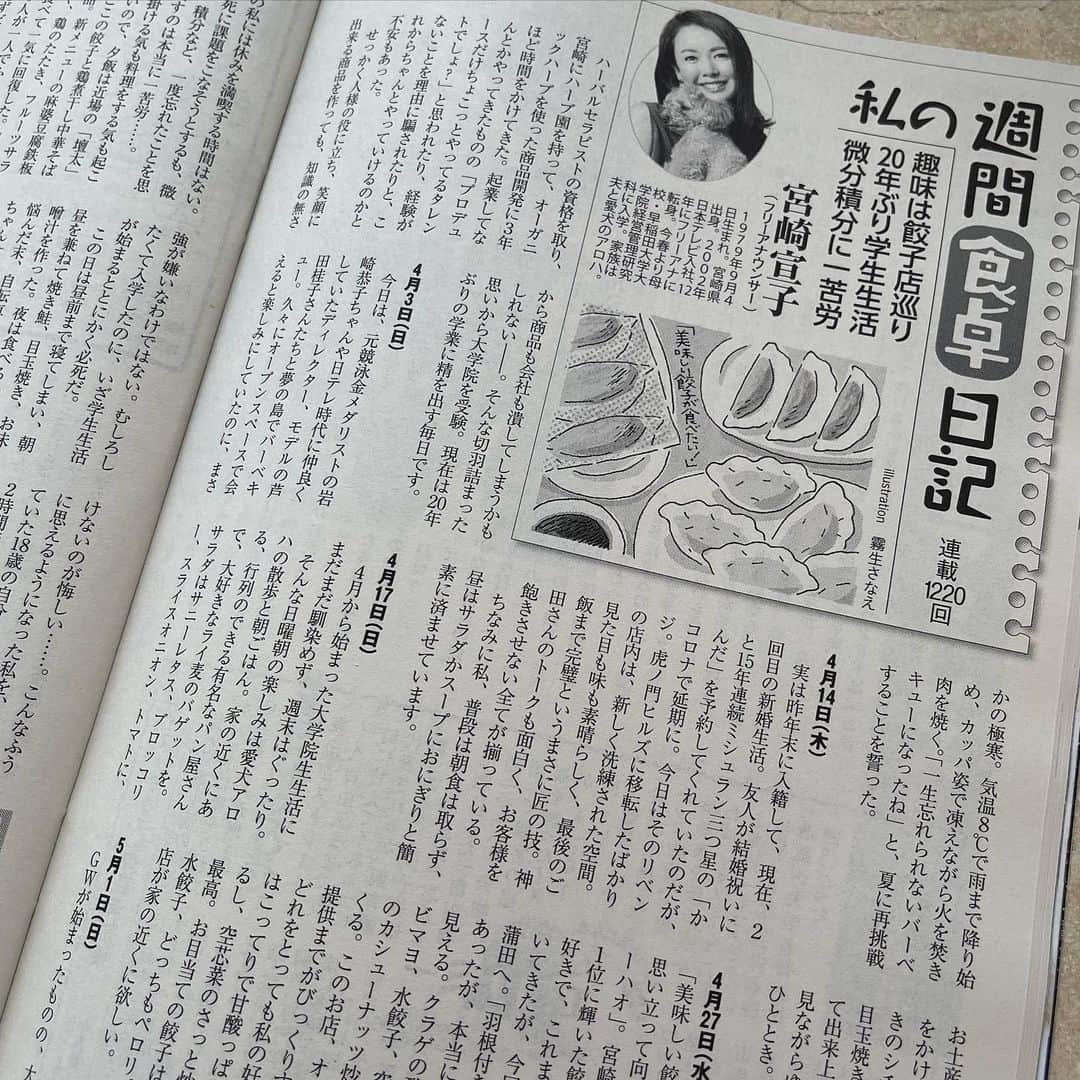 宮崎宣子さんのインスタグラム写真 - (宮崎宣子Instagram)「フジテレビビューさんと、週刊新潮さんで記事が出ております😊  もう次の原稿を書かなくてはなりませんが、何にしようか迷っております。  また、大学生だけでなく、アナウンサーのお仕事のことも書かなくてはと思っておりますが、 課題が多すぎて予想外に疲れ果てております😫  夜は10時に寝ても疲れが取れず、 鍼とマッサージに通う日々です。。。  私はつくづく、まだまだだなと思ってしまいます。  大学には、妊娠中で通っている方も何人かおり、そのうちお一人は仕事もして、妊娠中で、大学院に通っているというスーパーガールもいます❣️  お子様3人子育てしながら、昼間は仕事して夜から大学院、お子様2人のお弁当も作ってから朝9時の1限からくる方など、私からするとどこにそんな体力あるのか？というくらいのすごさです。。。  出産して復学されて、一歳時の赤ちゃんを育てながら通っている方もいるので、  私なんてまだまだなんだろうなと思うのですが、とてもじゃないけど、無理です😭  勉強は楽しいけど時間と体力が足りない🥲 肩凝りも酷くなってきているので、 腰も鍛えないといけないことも考えて、 少しだけランニングしようかと考えております。  軽くですが、肩凝りが解消されると聞いたので、走るの嫌いですが、やってみる価値はあるのかなと。  肩凝りにいい方法あったら教えて下さいませ🙏  #フジテレビビュー #週刊新潮 #肩凝り #ランニング #スーパーガール #42歳大学院生   @fujitvview   https://www.fujitv-view.jp/article/post-563039/」5月28日 22時59分 - miyazaki_nobuko