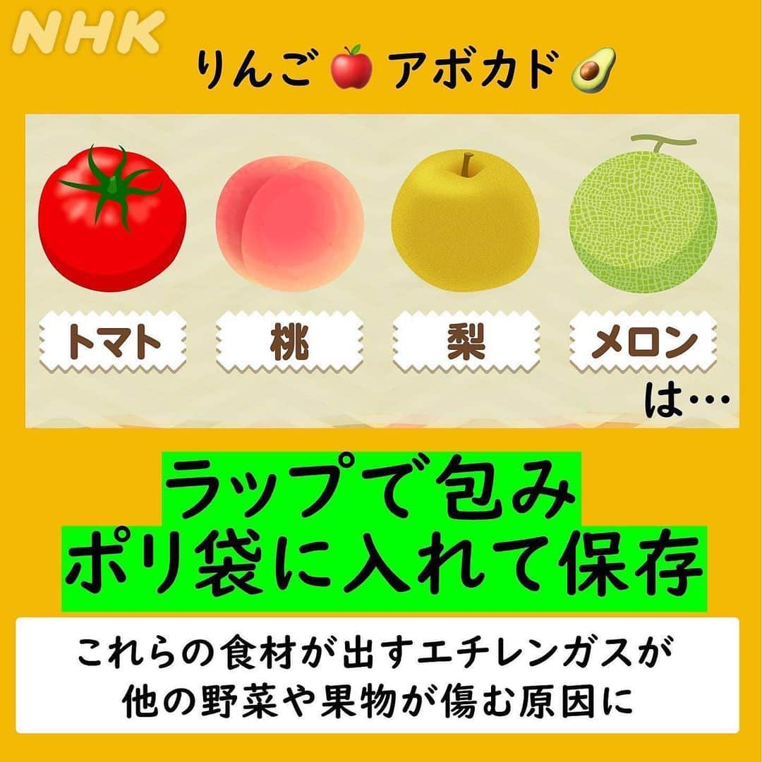 あさイチさんのインスタグラム写真 - (あさイチInstagram)「毎日ジメジメ… 気温も上がってきたこの時期にオススメ！ 野菜や果物をおいしく長持ちさせる 保存のポイントをまとめました✨  ●冷えすぎに弱い夏野菜は👉2枚目 ●りんごやアボカドなどは👉3枚目 ●キウイ･バナナ･マンゴーなどは👉4枚目  けさのあさイチでは 魚介類の”氷漬け”冷凍もご紹介しました！  プロフィールのURLから見逃し配信をどうぞ👀   @nhk_asaichi   #梅雨 #野菜 #果物 #保存 #食材保存 #きゅうり#トマト #なす #夏野菜 #アボカド #🥑 #りんご #🍎 #エチレンガス #追熟 #🥝 #🍌 #飯豊まりえ さん #鈴木奈穂子 アナ #nhk #あさイチ #8時15分から」6月21日 19時01分 - nhk_asaichi