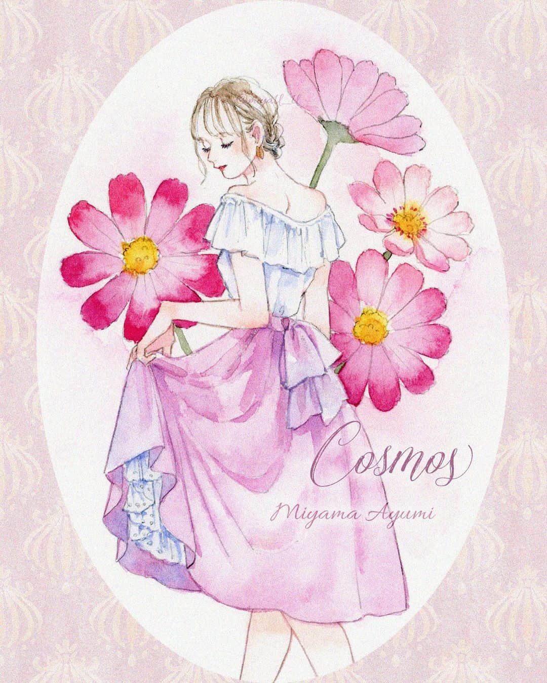 miya(ミヤマアユミ)さんのインスタグラム写真 - (miya(ミヤマアユミ)Instagram)「コスモス  #花kotoba🌸 「乙女の真心」「調和」「謙虚」  ピンクのコスモスは作品集に掲載できなかったので #花とdoll展 用に描きました。  #ピンク #pink #花 #flower #flowers  #artwork #watercolor #水彩 #透明水彩 #art #illust #illustration #draw #illustrator #イラスト #イラストレーター #手描き #手書き #アナログ #アナログイラスト #mirafluru #額 #ミニ額 #コスモス」6月25日 15時10分 - miya78pic