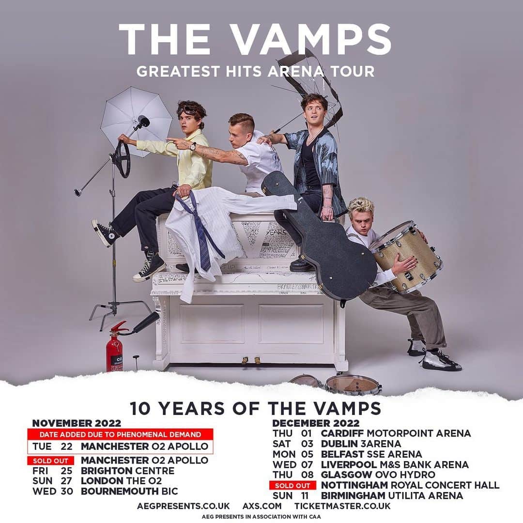 The Vampsさんのインスタグラム写真 - (The VampsInstagram)「Due to incredible demand from you guys we have added a second date in Manchester 🔥 The Apollo is one of our favourite venues of all time, we cannot wait for this tour and to see you all there ♥️ let’s go! #10yearsofthevamps」7月1日 21時00分 - thevamps