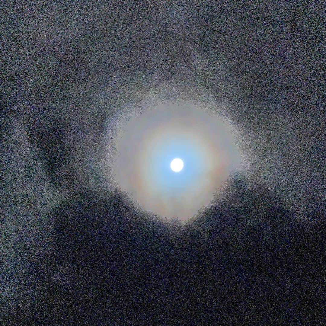 神山まりあさんのインスタグラム写真 - (神山まりあInstagram)「月光冠🌕 あまりにも大きくて綺麗だった昨晩のスーパームーン。  夜ぼんやりと眺めていたら『月光冠』🌕 薄ーい雲に反射して虹色になる現象だって🌈  見た人は幸せになれるらしいよ😌 うまく伝わらないかもだけど、この写真を見た人にも幸せが訪れますように、と願いを込めてポストします🌺🤲  #スーパームーン #loveyouall」7月14日 3時41分 - mariakamiyama