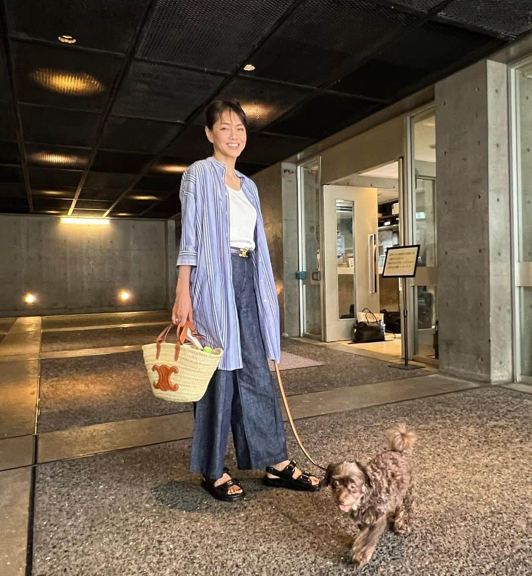 前田典子さんのインスタグラム写真 - (前田典子Instagram)「ぐっちゃんと一緒に🐶🐾 #撮影でした とってもおりこうさん🐶でしたよ😃 スタジオにも人にもすぐ慣れて みんなにも可愛がられ💕 吠えない、おそそもしない じっとして #モデル犬 できる👍 ママの側が好き💕🐶 ママが撮影しているときは じっと見守ってくれます  また、ぐっちゃんと記念になる撮影ができて嬉しいです💕😘 今回は9月から展開する @elura_official  の アクティブラインのビジュアル撮影でした🐕🏌️‍♀️🏃‍♀️🚲 お楽しみに😊  この日の ファッションは ロングシャツ、タンクトップ、ワイドデニムは　@elura_official   #カゴバッグ と#ベルト @celine  カゴバックはヘビロテ👍 #サンダル @chanelofficial」7月26日 9時22分 - maenorichang