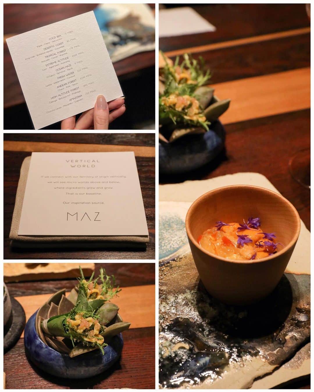 ASUKAさんのインスタグラム写真 - (ASUKAInstagram)「. 📍東京 紀尾井町「MAZ（マス）」 @maz.tokyo @santiago.maztokyo   世界のベストレストラン50（World's 50 Best Restaurantsで2015年に4位に輝いてから常に上位入りしているペルーのレストラン「Central」のシェフが東京にオープンしたばかりのガストロノミーレストラン「MAZ」に行ってきました🍴  とにかくMAZの世界観が壮大👏  「9つの異なる高度の旅」と題された、ペルーの異なる高度が織り成す風景と生態系をテーマにしたコース料理。←もうなにこれ  「海霧 海抜0m」「アンデスの森 海抜3260m」といったタイトルが付けられたメニュー構成でペルーの食の旅に連れて行ってくれます✨✨  ペルーから取り寄せた食材と日本の食材を活かしながら壮大なテーマで表現されるお料理の数々。食を超えた体験をさせてくれるレストランでした🍴  ちなみに私はノンアルペアリングで楽しみましたが、オリジナルのスピリッツやリキュールを使ったMAZでしか飲めないお酒もおすすめみたい🙆‍♀️  “Afuera Hay Más” 外にはもっとたくさんのものがある✨  #maztokyo #maz #ガストロノミー #東京レストラン #東京グルメ #紀尾井町グルメ #紀尾井町 #世界のベストレストラン50 #Worlds50Best #ペルー料理 #赤坂見附ディナー #赤坂見附 #赤坂見附グルメ」7月28日 16時18分 - a.asuka.a