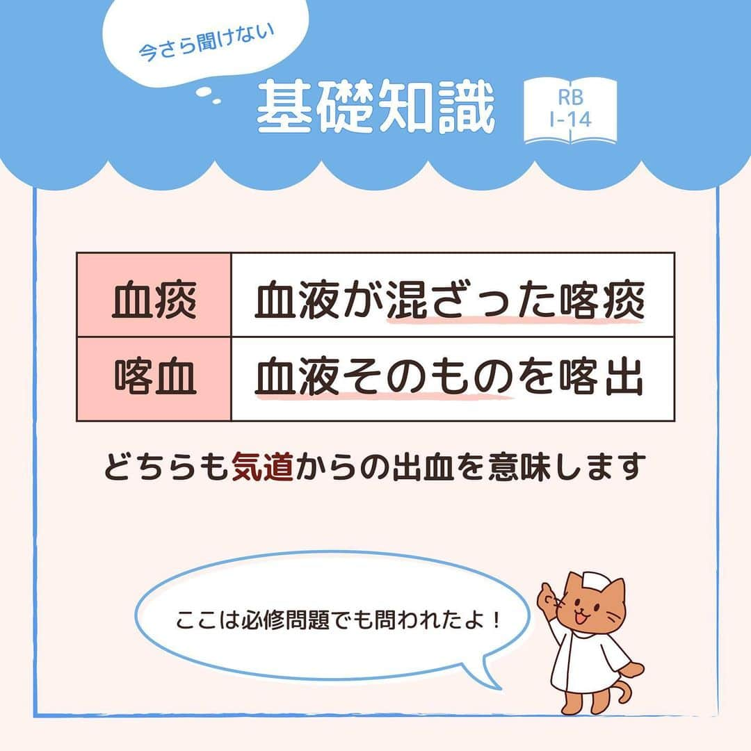 ネコナースさんのインスタグラム写真 - (ネコナースInstagram)「『血痰/喀血』が今回のテーマです！  どちらも気道からの出血を意味しますが，違いは理解できていますか？ 必修問題にも出された血痰/喀血について一緒に整理しましょう！ レビューブック I-14, クエスチョンバンク I-11 も参考にして下さい🌹  必修問題対策には，必修専用の問題集『クエスチョン・バンクSelect必修』がおすすめです！  書籍『クエスチョン・バンク』や無料アプリ「クエスチョン・バンク」でも詳しい解説が載っているので、ぜひチェックしてみてくださいね🌟  #看護 #看護学生  #看護師国家試験  #第112回看護師国家試験 #第113回看護師国家試験 #第114回看護師国家試験 #第115回看護師国家試験 #血痰 #喀血 #勉強垢 #メディックメディア  #クエスチョンバンク  #レビューブック」8月4日 18時17分 - neco_nurse