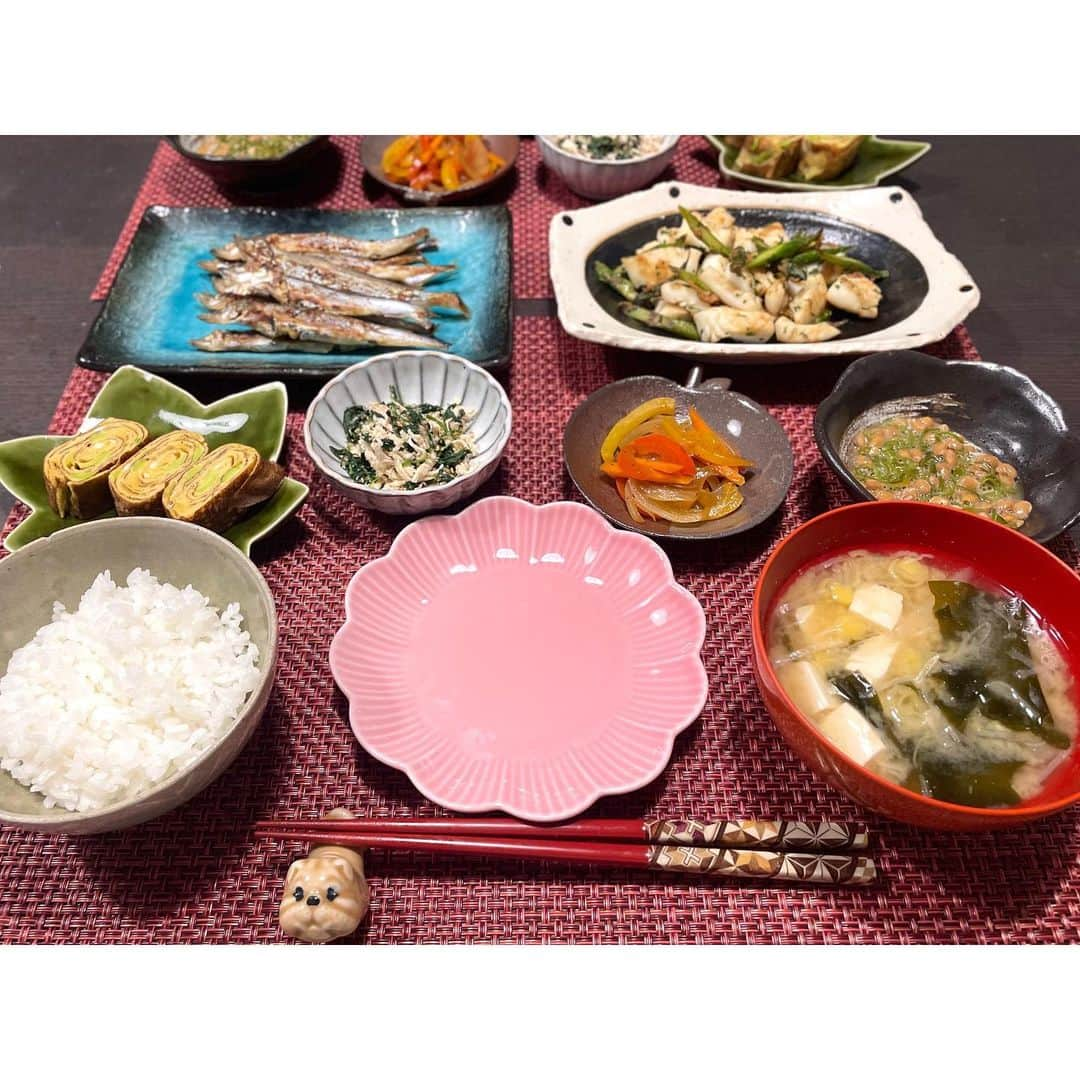 真野恵里菜さんのインスタグラム写真 - (真野恵里菜Instagram)「#いつかの夕飯 お肉がメインの日🍽 ・イベリコ豚のソテー ・トマトとアスパラときのこのニンニク醤油炒め ・もずく酢 ・タコと胡瓜の梅和え ・味玉 ・ほうれん草のお浸し ・白米 ・お味噌汁 イベリコ豚はお肉の旨味がとってもあるので シンプルに塩コショウをして焼いて お好みで柚子胡椒をつけて食べるのが1番好み🤗 . . お魚系がメインの日🍽 ・ししゃも ・イカとアスパラの大葉炒め ・枝豆入りだし巻き卵 ・ほうれん草と鶏胸肉の胡麻和え ・パプリカと玉ねぎのポン酢マリネ風 ・めかぶ納豆 ・白米 ・お味噌汁 ししゃもはなかなから手に入らないので こうして食卓に並ぶといつもちょっとテンションが高くなる我が家。笑 イカはリング状のものを買ったけど 3等分くらいに切って切り込みを入れて食べやすくしました💡 . . これから食欲の秋がやってくるので 作るのも食べるのもより一層楽しくなりそう🤤 みんなは何を食べるのかな？？ #まのごはん #献立記録  #スペイン生活 #我が家の食卓」9月6日 15時32分 - erinamano_official