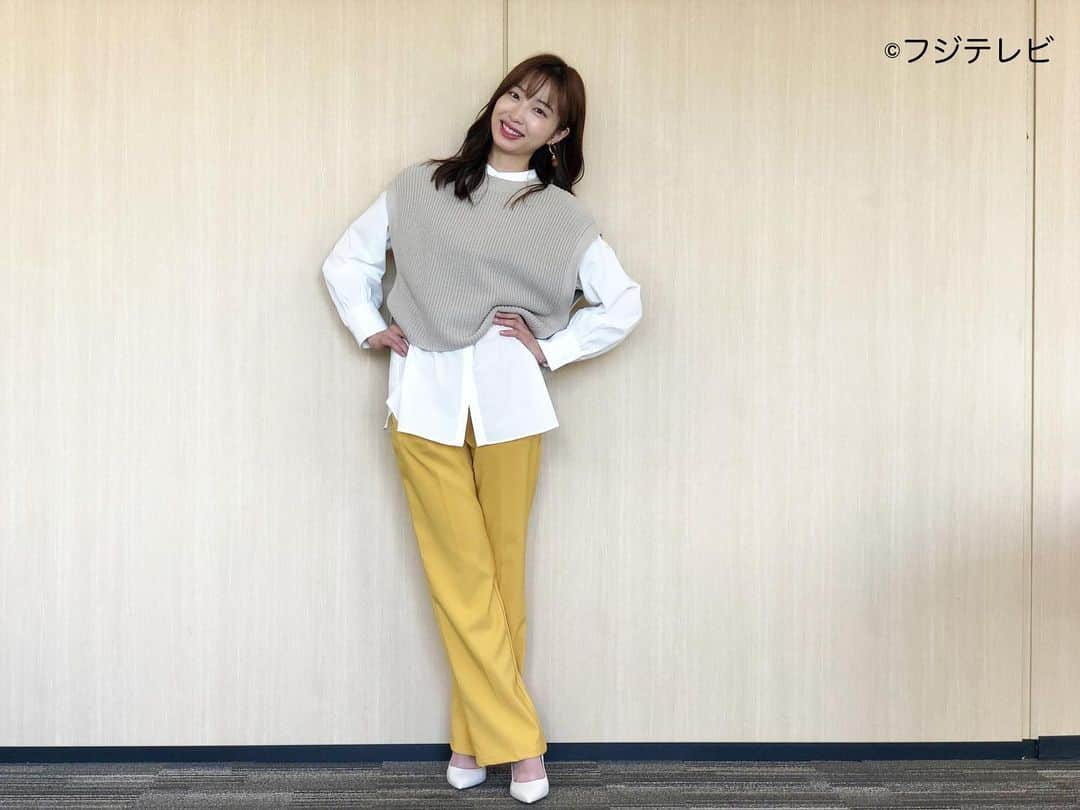 フジテレビ「めざましテレビ」さんのインスタグラム写真 - (フジテレビ「めざましテレビ」Instagram)「ファッション雑誌CanCamとコラボした お天気コーナー「きょう何着て行く？」 林佑香の毎日のコーデを紹介♪   ９月２６日（月）  ・ベスト･シャツ[セット]　　@naturalbeautybasic_official 　８９１０円 ・パンツ　@kobe_lettuce １９９０円 ・靴　　@dianashoespress 　　１万４３００円  ・イヤリング　@mimi33_official ３６３０円   ☆ポイント☆ オーバーサイズのシャツにニットベストを重ね着してこなれ感アップ✨ 少し着崩すイメージで、袖だけでなく襟元と裾からもシャツをのぞかせるとよりおしゃれ見えが叶います❣️ 鮮やかなイエローパンツもキャッチー💛    #めざましテレビ #きょう何着て行く？ #林佑香 #今日のコーデ #コーデ #CanCam #今日のファッション#ootd #きょう何着て行く？は月〜金朝6時22分ごろ放送📺  #ゆかちゃん #きれいめコーデ #きれいめカジュアル #大人コーデ #秋コーデ #オフィスカジュアル #上品コーデ #アナウンサー衣装」9月27日 1時12分 - mezamashi.tv