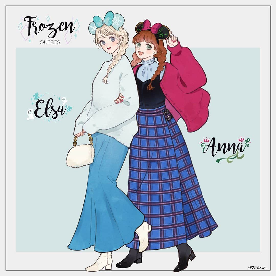 みーこさんのインスタグラム写真 - (みーこInstagram)「エルサ&アナイメージコーデ❄️  #イラスト #イラストレーター #ファッション #ファッションイラスト #コーデ #秋コーデ #ディズニーコーデ #ディズニー #ファンアート #アナと雪の女王 #frozen #アナ #エルサ #disney #fanart」10月6日 16時12分 - meecosme