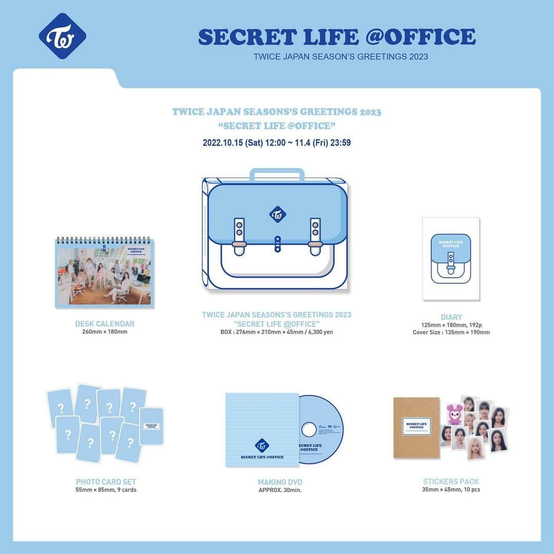 TWICE JAPANさんのインスタグラム写真 - (TWICE JAPANInstagram)「TWICE JAPAN SEASON’S GREETINGS 2023 “SECRET LIFE@OFFICE”  PRE-ORDER 10.15(土) 12:00～11.4(金) 23:59  詳細はこちら⬇ https://twicejapan.com/news/detail/1093  #TWICE🤫 #TWICE_SECRET_LIFE@OFFICE」10月15日 12時00分 - jypetwice_japan