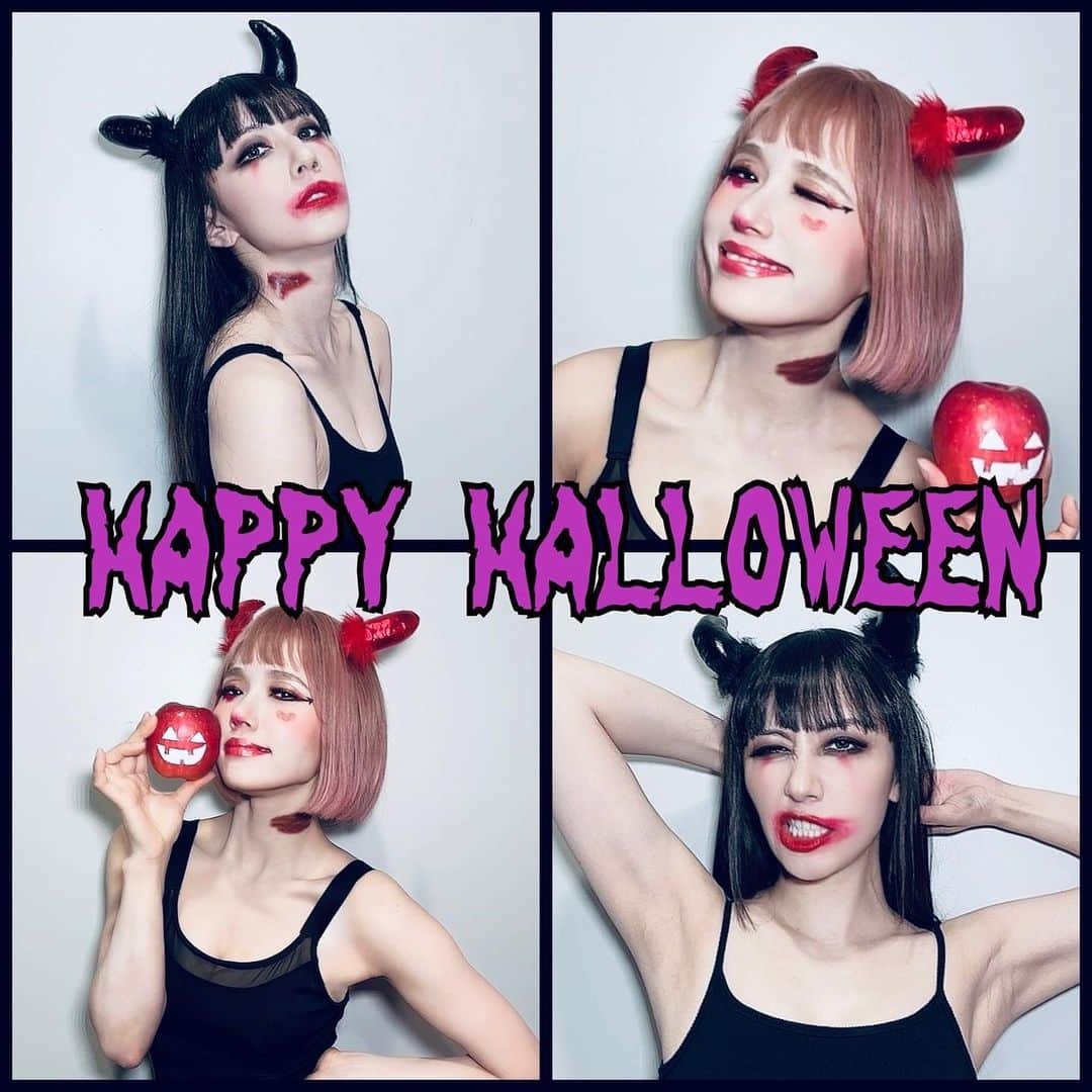 ソニンさんのインスタグラム写真 - (ソニンInstagram)「. 🎃😈🍎 なみちゃんとハロウィンメイク。 テーマは役残しのデビル。  ピンクのウィッグなみちゃんが貸してくれた🫶🏻お互い撮りあったのをなみちゃんがコラージュしてくれた🫶🏻ありがとうなみちゃん❣️  #ハロウィンメイク #ニコラ　#ローレン　#キンキーブーツ」10月31日 18時16分 - sonim_official