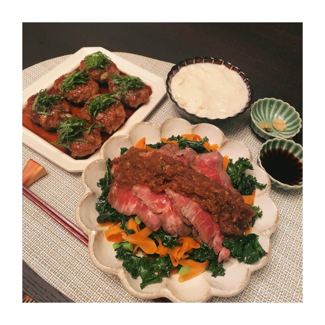 入来茉里さんのインスタグラム写真 - (入来茉里Instagram)「久しぶりの料理投稿 お仕事で行った京都で 汲み上げ湯葉を買ってきました♡ つくねは大葉と生姜をたっぷり。甘辛タレで。 ケールサラダは食べやすいように火を通して、ローストビーフをのせて、大根おろしの和風ソース。  いただきま〜す☺️  #家ご飯 #手料理 #手料理記録 #おうちごはん  #湯葉 #つくね #ケールサラダ #cooking #いりきっちん  #お供は焼酎」11月27日 18時55分 - iriki.mari_official
