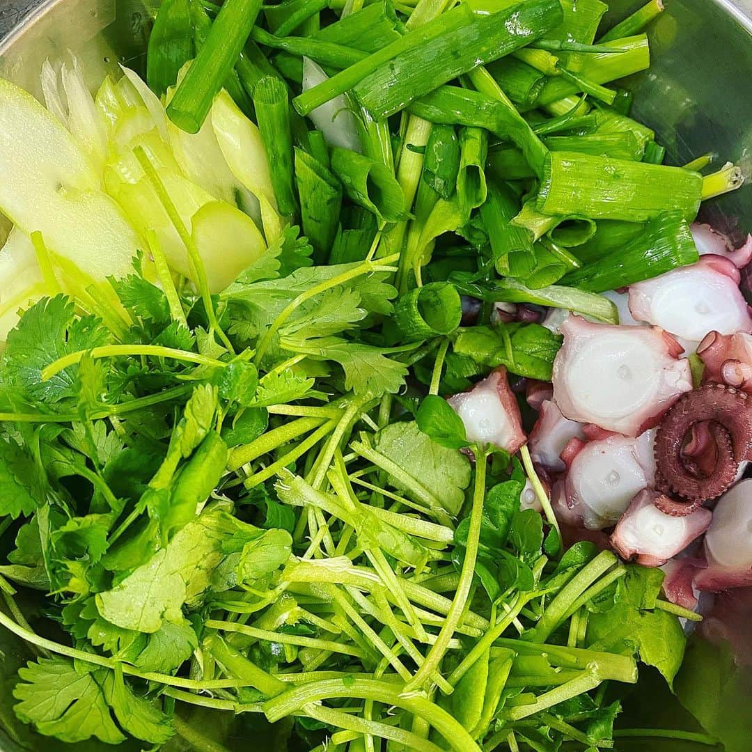 松本亜希さんのインスタグラム写真 - (松本亜希Instagram)「・ なんぼでも食べれるサラダ🥗 何かで見た記憶があるレシピちょいアレンジ🍴  タコ、青ネギ、クレソン、パクチー、セロリを適当に切って、 @solsol.seoul のごま油熱して、熱々をかけて混ぜて、ポン酢、すだち、ろく助塩、ブラックペッパーかけて混ぜてはい出来上がり。 ジューの音がええ感じ😍😍  私的に辛さ欲しいから次は青唐辛子刻んで入れてもいいなぁ🤤簡単で山盛り食べれるからオススメ。 青ネギはミニロンが畑で取ってきてくれたから尚更美味しかった❤️❤️  #アキロン飯 #サラダ#サラダレシピ」11月30日 19時34分 - m_akiron