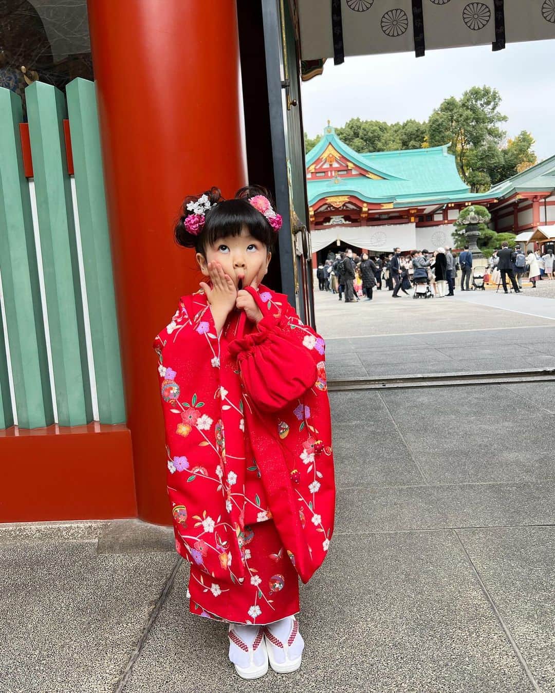 庄司ゆうこさんのインスタグラム写真 - (庄司ゆうこInstagram)「ももちゃん今年3歳なので、七五三の撮影をしてきました❣️ プロのカメラマンさんにたくさん撮ってもらったので出来上がりが楽しみだなぁ🧡 ひとまず撮影の裏側を母がたくさん動画や写真撮ってくれていたのでアップします❣️ 最後の写真は変顔🤣さすが私の娘🤣 @hanagoyomi_kimono さん、ありがとうございました😊✨ #七五三#七五三ヘア #3歳#おめでとう#着物#日枝神社#七五三撮影#七五三ママ#親子#姉弟#一姫二太郎#こどものいる暮らし」12月4日 20時22分 - yuko.shoji