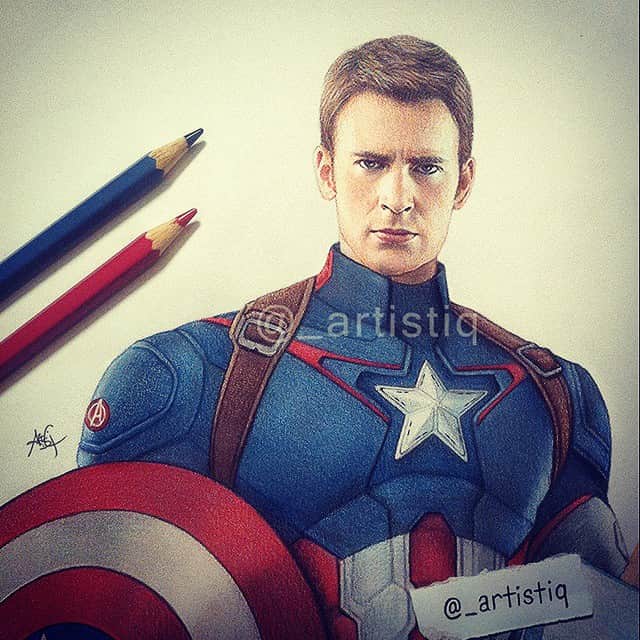 Casのインスタグラム：「Captain America! Drawn with colored pencils. Have you guys seen Avengers: Age of Ultron? It was awesome!! 😊」