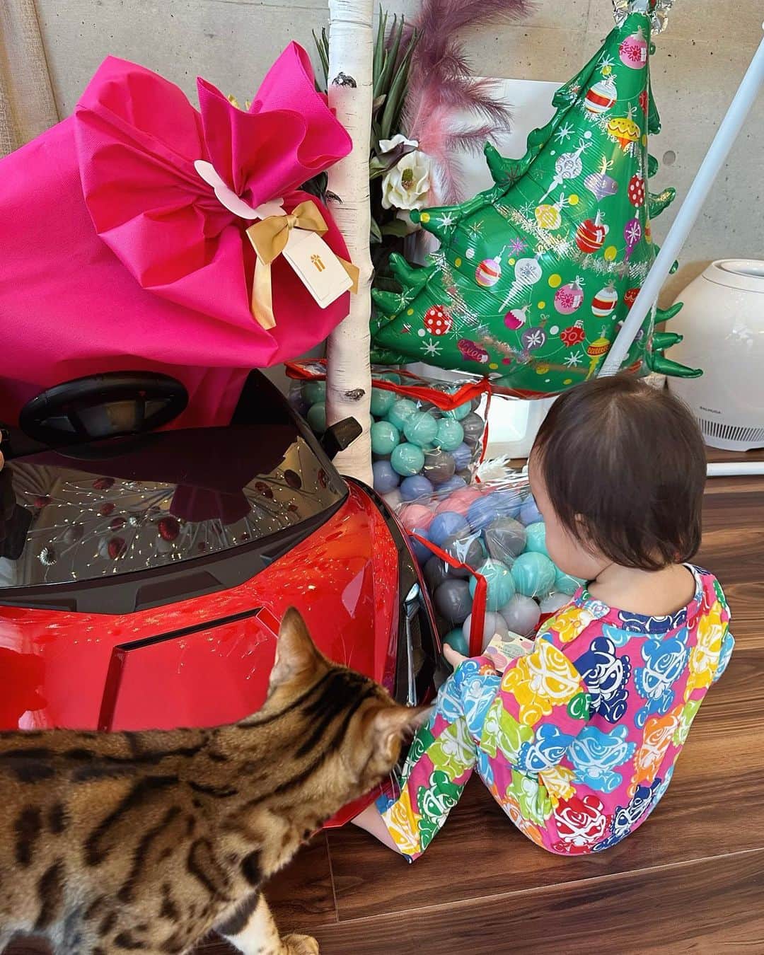 甲村仁絵さんのインスタグラム写真 - (甲村仁絵Instagram)「2回目のクリスマス👸🏼🎄❤️ 無事サンタさんきてよかったね🥰 プレゼントのボールプールで一日中遊んでてそれを見守る幸せなクリスマスだった🫶  昨夜はサンタさんのお手伝いをしていたのかしら、、？🤔🐱🐱笑(４枚目） ２匹ともお疲れ様😂❤️  #クリスマスプレゼント #家族 #女の子ママ #西松屋 #女の子ベビー」12月25日 20時05分 - hitoe_style