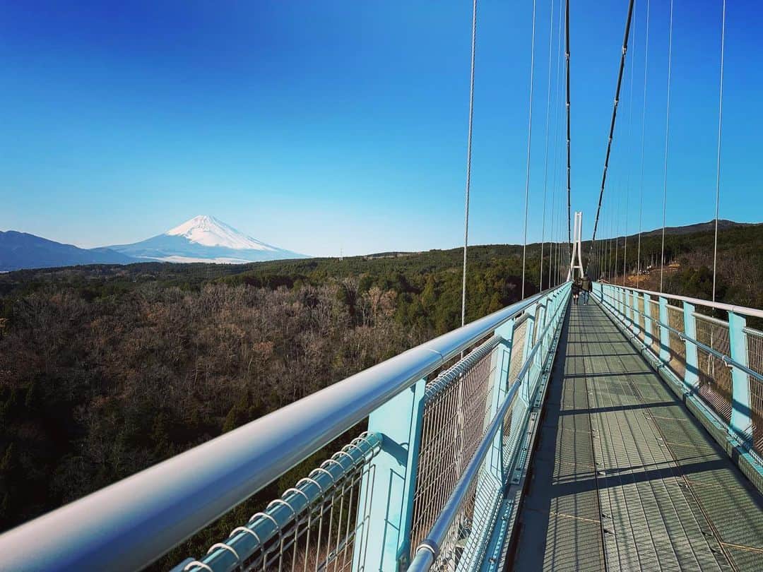 釈由美子さんのインスタグラム写真 - (釈由美子Instagram)「伊豆三島のスカイウォークに初めて遊びに行ってきました！  全長400m、 日本一長い 歩行者専用吊橋❣️😳  橋を渡るときグラグラ揺れて足がすくみましたが🥶  雄大な美しい富士山🗻を目の前に心が洗われました✨  「今年の夏にあのてっぺんまで、家族みんなで登ったなんて信じられないね！」  って、富士山の頂上を指差し 今年最高の思い出に浸りました☺️✨  2022年も健やかに暮らせたことへの感謝の気持ちと  来年は戦争のない優しさに満ちた世の中になりますように。。  とお祈りしました😌🙏✨  皆様、お身体に気をつけて どうぞ良いお年をお迎えください✨🥰  #三島スカイウォーク  #富士山」12月30日 7時44分 - yumikoshaku