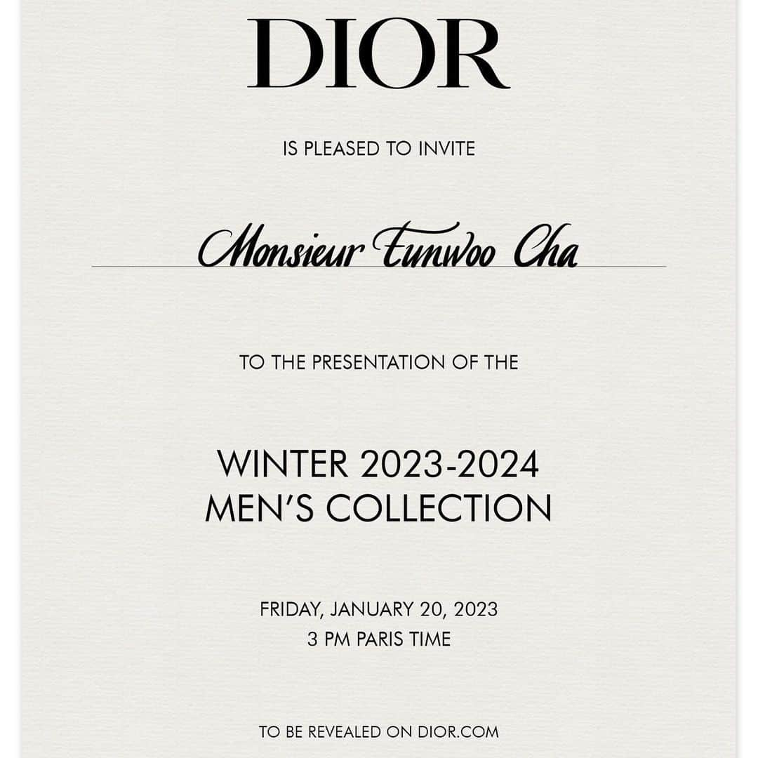 チャ・ウヌさんのインスタグラム写真 - (チャ・ウヌInstagram)「DIOR WINTER 2023 MEN’S COLLECTION - JANUARY 20TH 3PM PARIS TIME – TO BE REVEALED ON DIOR.COM  #dior #DiorWinter23」1月19日 22時07分 - eunwo.o_c