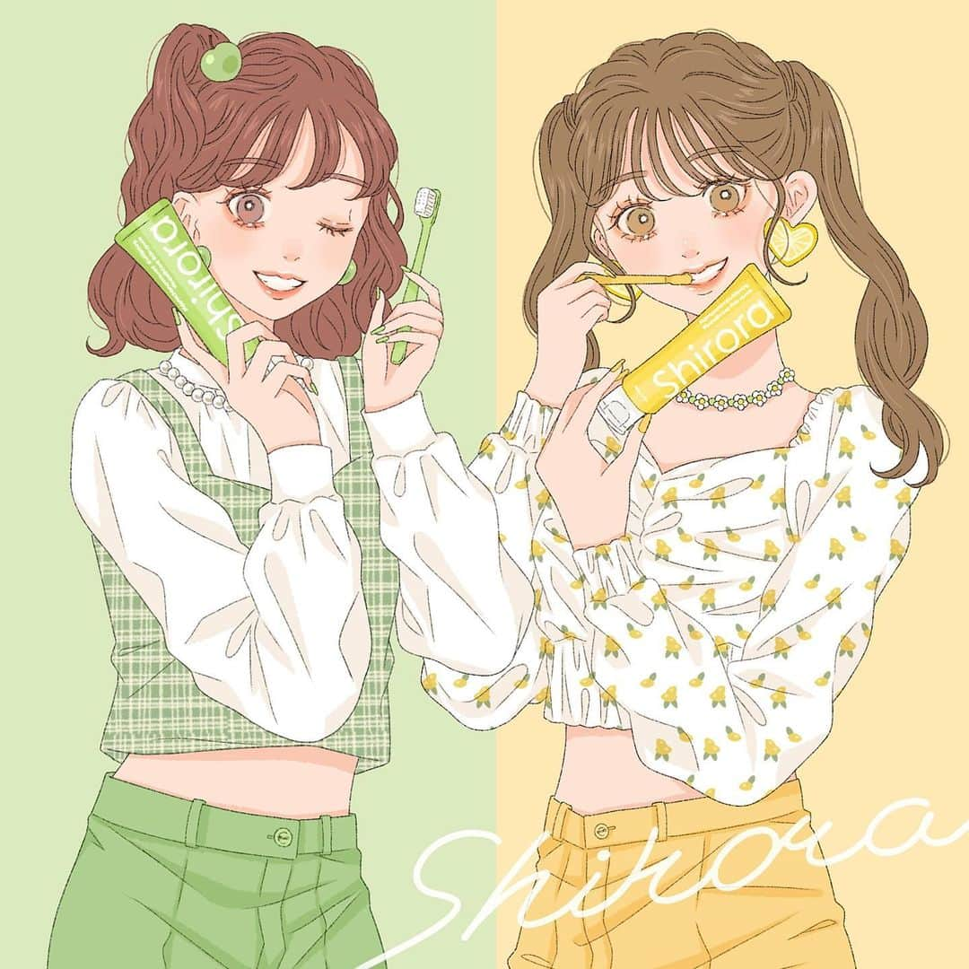 asukaさんのインスタグラム写真 - (asukaInstagram)「・ 💚💛lemon mint × apple chamomile mint💛💚  シローラ（ @shirora_official ）ホワイトニング歯磨き粉 2本セットの限定コラボパッケージを描きました〜🪥💓 Shiroraは置いてるだけでとっても可愛い歯磨き粉なので、 その可愛さが全面に出るようなイラストにしたい！とこだわりを詰めましたっ🥹✨  今なら楽天で先着100セット発売中🛍なので、 ストーリーか @shirora_official から チェックしてください💓  さらに、今月新発売のアップルカモミールミントに合わせて 缶バッジ型ミラーのデザインも描きました〜🌼 本日からシローラ公式Instagram・Twitterで缶バッジ型 ミラー付きセットが当たる素敵なプレゼント キャンペーンも実施していますので、こちらも是非チェックしてみてくださいっ！✨  #shirora #シローラ #新商品 #PR #歯磨き粉 #ホワイトニング #ホワイトニング歯磨き粉 #口臭ケア  #イラストレーター #オリジナルイラスト#イラストグラム#illustration」1月20日 18時00分 - a20_suka002018