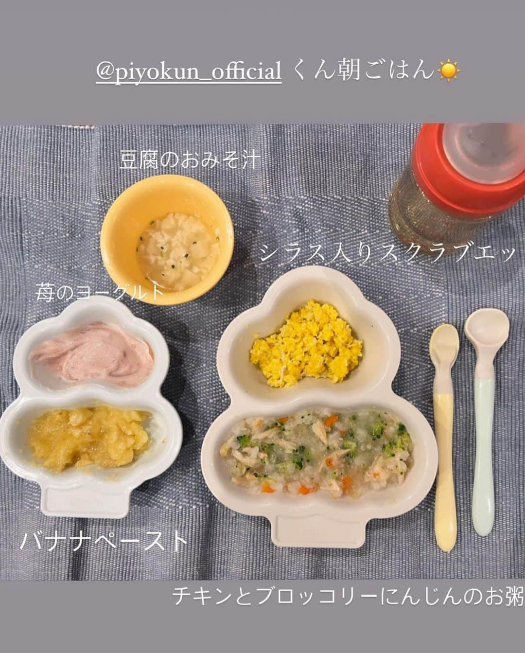 島袋聖南さんのインスタグラム写真 - (島袋聖南Instagram)「最近のピヨ離乳食👶🏼🥣 食べれる食材も増えてきて、 お口をモゴモゴ動かして喜んで食べてます♡ ご飯は3回食始まったよ！離乳食の時間が定まってきて、 1日のリズムが作りやすくなったの☺️ 栄養バランスを心がけて野菜やタンパク質もしっかり加えて👌 美味しそうに食べてくれるからママとても作りがいあります💕 #寝起き #くまーばちゃんねるが好き  #9ヶ月突入 #カミカミ期」1月27日 15時22分 - seina4444