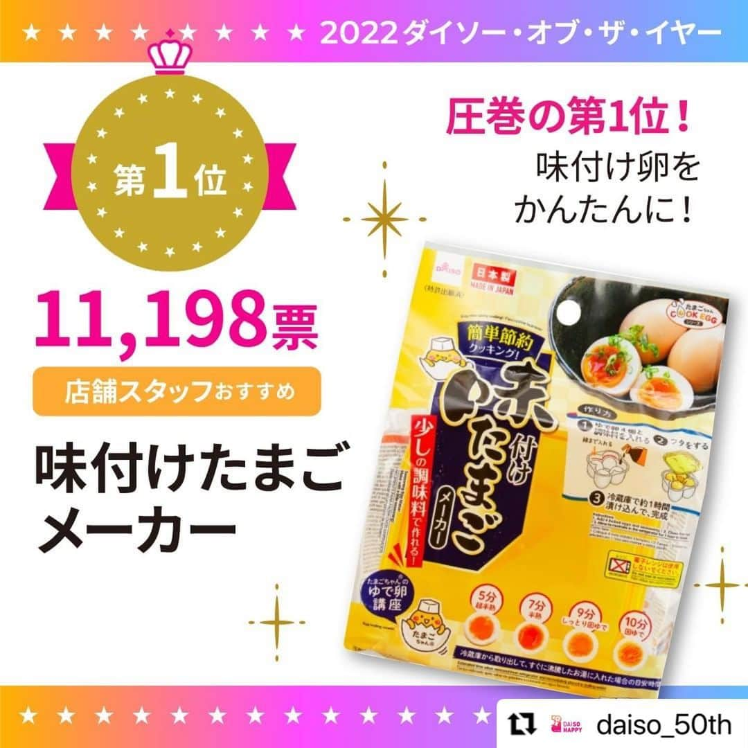 ダイソーさんのインスタグラム写真 - (ダイソーInstagram)「#Repost @daiso_50th  ／ ついに決定！ 2022 ダイソー・オブ・ザ・イヤー 「ダイソー商品総選挙2022」最終結果発表📢 ＼  大創産業創立50周年を記念して昨年末に実施いたしました「ダイソー商品総選挙2022」は、 2022年11月1日～12月28日の累計総投票数158,067票と、たくさんの方にご投票いただきました！ ご参加いただき、誠にありがとうございました！  栄えある＼2022 ダイソー・オブ・ザ・イヤー／に輝いたのは 👑味付けたまごメーカー　11,198票獲得✨  第2位は、👑ペーパータオル150枚　9,428票獲得 第3位は、👑ちょこっとまな板（ホワイト） 8,526票獲得  あなたのお気に入り商品は何位でしたか？ 4位～50位までは、50周年記念特設サイトで発表しております。YouTubeの動画でも発表しています。ぜひご覧ください。  また、結果発表と同時に景品当選者も抽選で決定❗ 当落に関わらず、投票された方全員にLINE （LINEミニアプリ お知らせ [旧：Service Messages]）より、本日、メッセージをお送りいたします。メッセージを開封のうえ、当落をご確認ください。ご当選された方には、専用フォームに必要事項を入力いただいてご送信ください。当落確認方法について詳しくは50周年記念特設サイトをご覧ください👀  50周年特設サイトはプロフィールのURLから🌼  ------------------------------ 👇アカウントフォローはこちら @daiso_50th ------------------------------ 50周年Twitterアカウントや 50周年LINE公式アカウントでも さまざまな情報を発信しています♪  ぜひフォローしてチェックしてくださいね👀✨  #ダイソー #daiso #ダイソー50周年 #daiso50th #daisojapan #100yenshop #100均 #大創 #ダイソー商品 #50周年 #周年企画 #特別企画 #感謝の気持ち #商品総選挙 #総選挙」1月31日 15時43分 - daiso_official