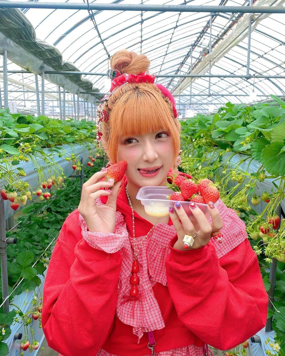 しなこさんのインスタグラム写真 - (しなこInstagram)「いちご狩り🍓🤍  この食べかけのいちごを帽子にする撮り方やってみたかったやつ:(´⊃ω⊂｀):  指輪やヘアクリップもいちご🧚‍♀️」2月8日 20時09分 - ssshinako