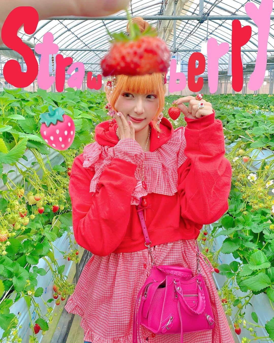 しなこさんのインスタグラム写真 - (しなこInstagram)「いちご狩り🍓🤍  この食べかけのいちごを帽子にする撮り方やってみたかったやつ:(´⊃ω⊂｀):  指輪やヘアクリップもいちご🧚‍♀️」2月8日 20時09分 - ssshinako