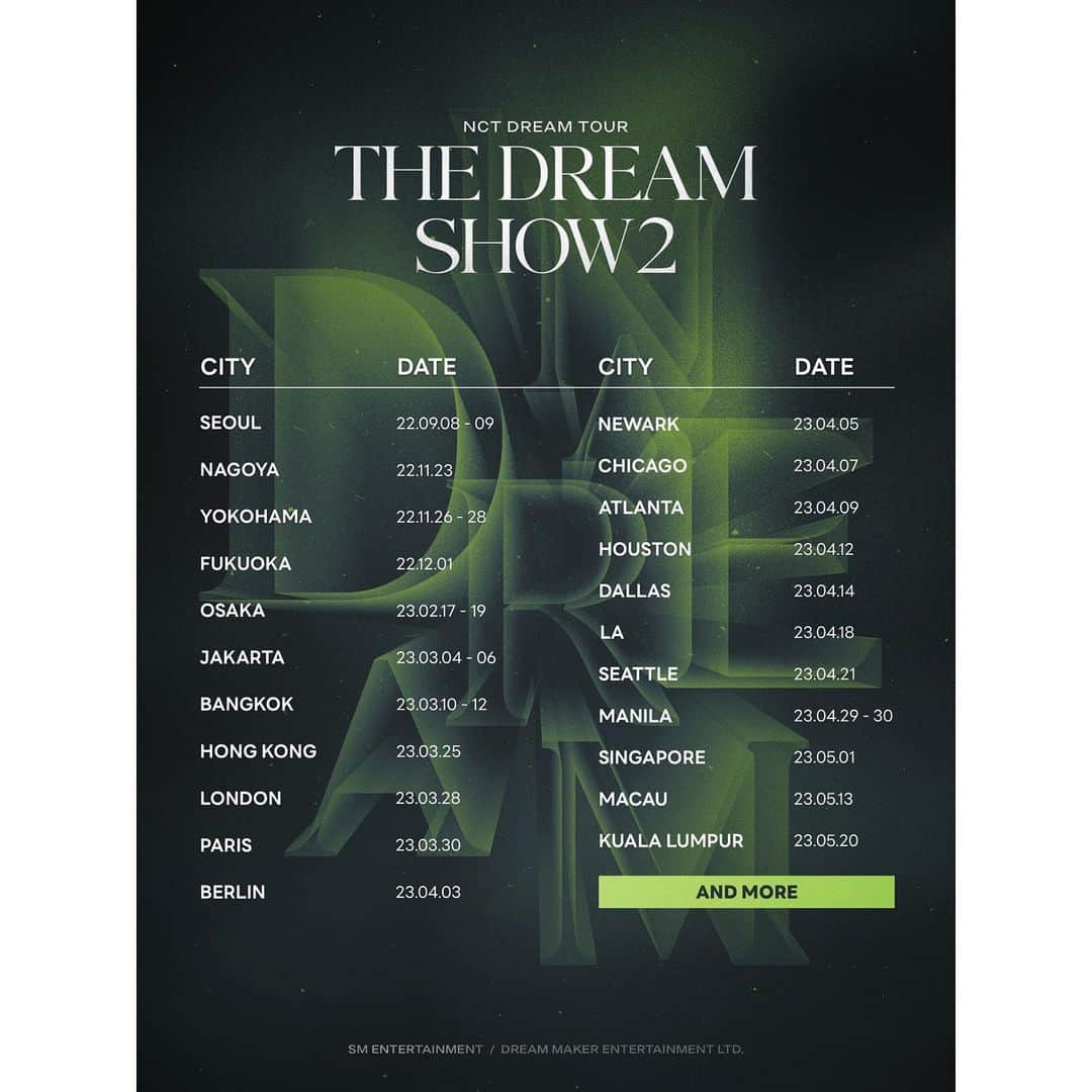NCT DREAMさんのインスタグラム写真 - (NCT DREAMInstagram)「NCT DREAM TOUR 'THE DREAM SHOW2 : In A DREAM'   OSAKA ➫ 2023.02.17-19 JAKARTA ➫ 2023.03.04-06 BANGKOK ➫ 2023.03.10-12 HONG KONG ➫ 2023.03.25  LONDON ➫ 2023.03.28 PARIS ➫ 2023.03.30 BERLIN ➫ 2023.04.03   NEWARK ➫ 2023.04.05 CHICAGO ➫ 2023.04.07 ATLANTA ➫ 2023.04.09  HOUSTON ➫ 2023.04.12  DALLAS ➫ 2023.04.14 LA ➫ 2023.04.18 SEATTLE ➫ 2023.04.21  MANILA ➫ 2023.04.29-30  SINGAPORE ➫ 2023.05.01  MACAU ➫ 2023.05.13 KUALA LUMPUR ➫ 2023.05.20  #NCTDREAM #THEDREAMSHOW2 #THEDREAMSHOW2_In_A_DREAM #NCTDREAM_THEDREAMSHOW2」2月15日 9時03分 - nct_dream