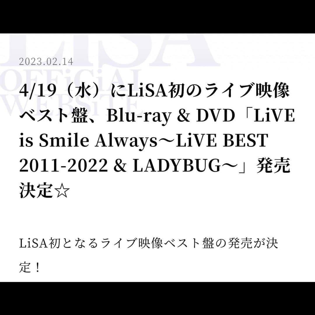 LiSAさんのインスタグラム写真 - (LiSAInstagram)「4/19発売『LiSA～LiVE BEST 2011-2022 & LADYBUG～』DVD&BD  #LiSAライブベスト　の予約が始まりました💿💿💿 https://lisa.lnk.to/LiVEBEST_20230419   💿1stライブ「Letters to U」から「Eve＆Birth」全50曲4時間越えの"LiSAライブ映像ベスト"  💿10周年ライブ「LiVE is Smile Always～LADYBUG～at日本武道館」  💿特別なもう一枚。 豪華永久保存盤お届け☻ lxixsxa.com  完全盤は GOODS] ・フォトブック ・LiSAッ子ブレス〜LiVE BEST Ver.〜 ・LiSAッ子の証〜LiVE BEST Ver.〜 ・トレーディングカードセット〜LiVE BEST Ver.〜 （全12種・ランダム5枚入り）  の、てんこもり盤です🥳🍚  RT  【おしらせ】 4/19（水）#LiSA 初のライブ映像ベスト盤、Blu-ray & DVD「LiVE is Smile Always〜LiVE BEST 2011-2022 & LADYBUG〜」発売決定☆  FC「リサラボっ。」会員限定の早期予約特典&先着購入者特典もございます。  詳細はオフィシャルサイトをご確認ください。」2月15日 17時05分 - xlisa_olivex