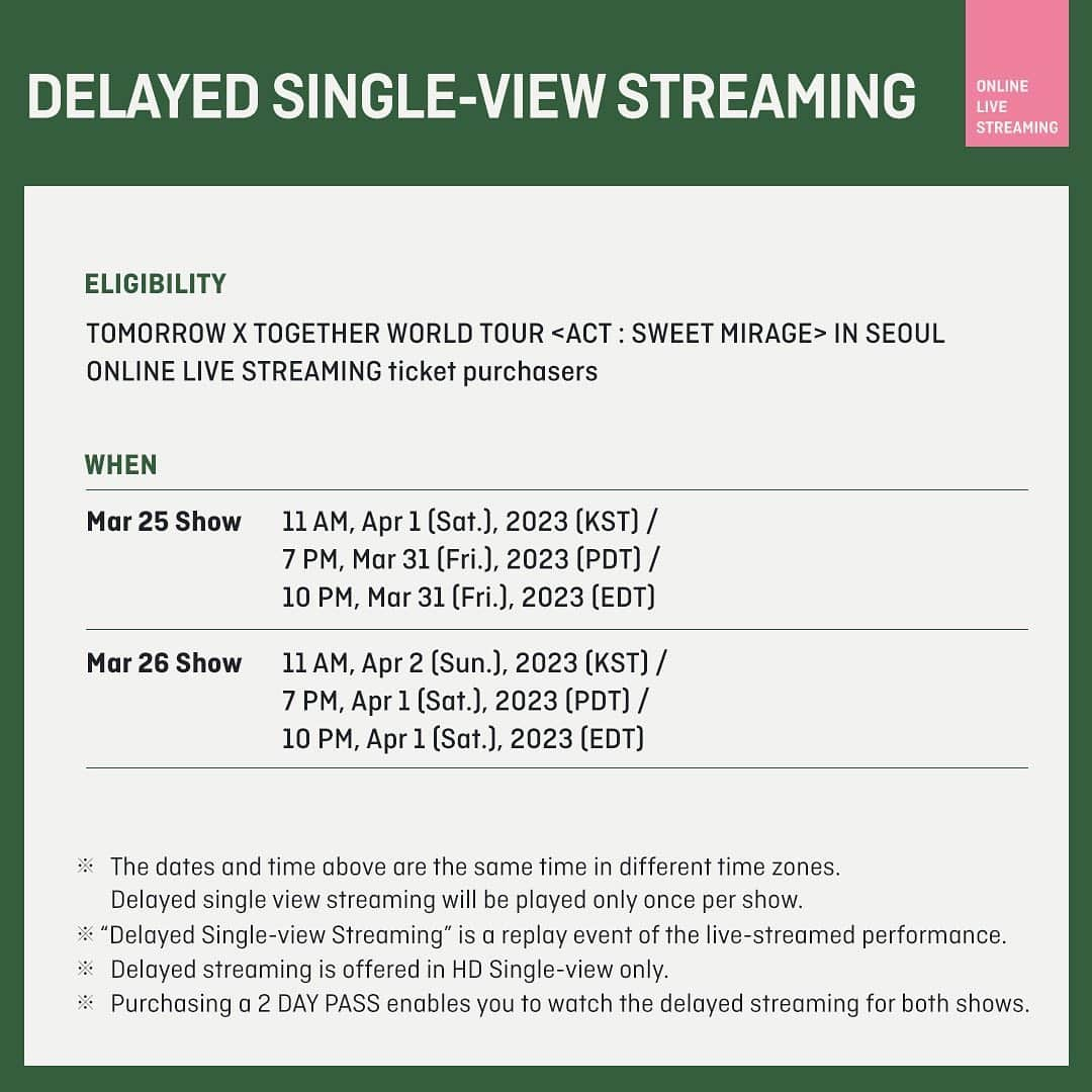 Tomorrow X Togetherさんのインスタグラム写真 - (Tomorrow X TogetherInstagram)「TOMORROW X TOGETHER WORLD TOUR <ACT : SWEET MIRAGE> IN SEOUL GUIDE 📢 ㅤ ⏰공연일정 2023.03.25 6PM (KST) + ONLINE 2023.03.26 6PM (KST) + ONLINE ㅤ #투모로우바이투게더 #TOMORROW_X_TOGETHER #TXT #ACT_SWEET_MIRAGE #TXT_ASM_TOUR」3月22日 19時01分 - txt_bighit