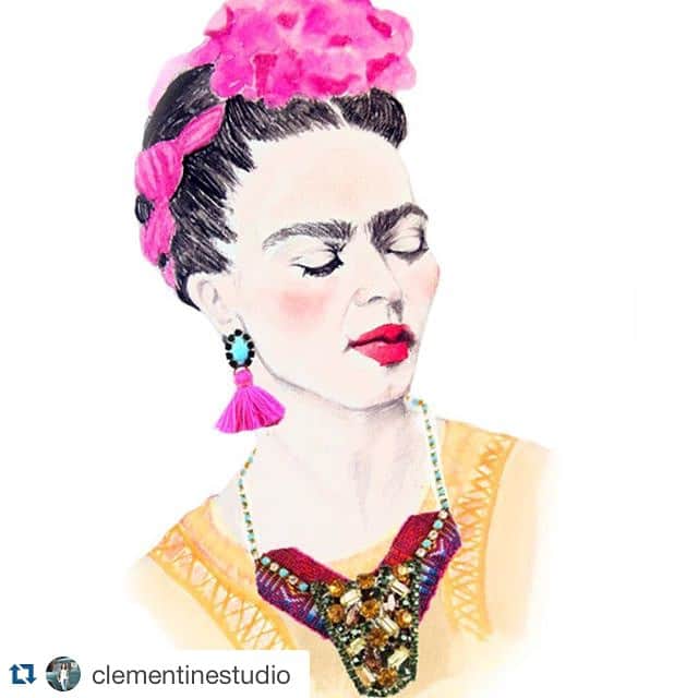 フリーダ＆ネリーのインスタグラム：「#Repost @clementinestudio with @repostapp. ・・・ HBD #Frida 🎉 (and also #grandma 👋🏻) // Watercolor Frida decked out in @friedaandnellie jewels from a collab! #fridakahlo #friedaandnellie 🎨🎨🎨❤️❤️❤️😘😘😘🎉🎉🎉🎉❤️❤️❤️」