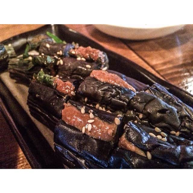 Washoku (和食) Japanese Foodのインスタグラム：「Nasu no Shigi-yaki (#ナスのしぎ焼き) This is #eggplants broiled with #miso. The eggplants can be #grilled or fried, and is then eaten with a miso sauce. It is good, even as a #cold dish, which is perfect for Summer! Photo: Torauma (虎うま) at #Shibuya  #Japan #japanesefood #washoku #nofilter #vegetables #みそ #和食 #ナス」