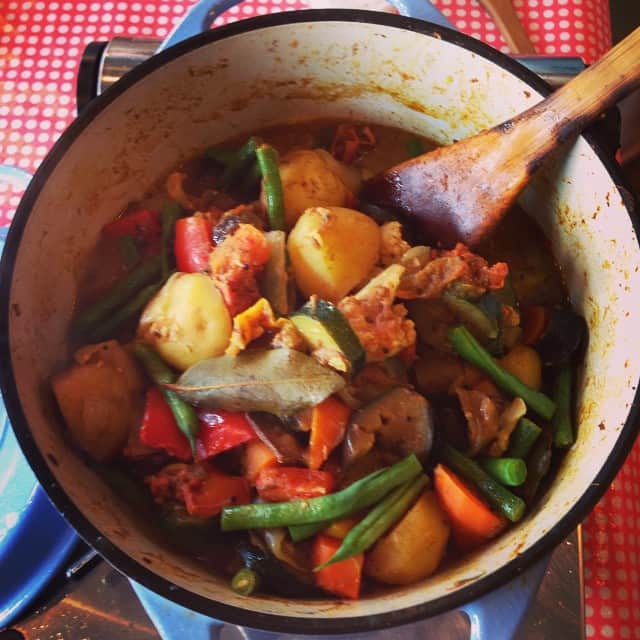 志摩有子さんのインスタグラム写真 - (志摩有子Instagram)「野菜の水分だけで煮込んだカレー。クタクタになった夏野菜が美味しそう。 #初夏 #料理教室 #curry #vegetable #likelikekitchen」7月12日 13時30分 - ariko418