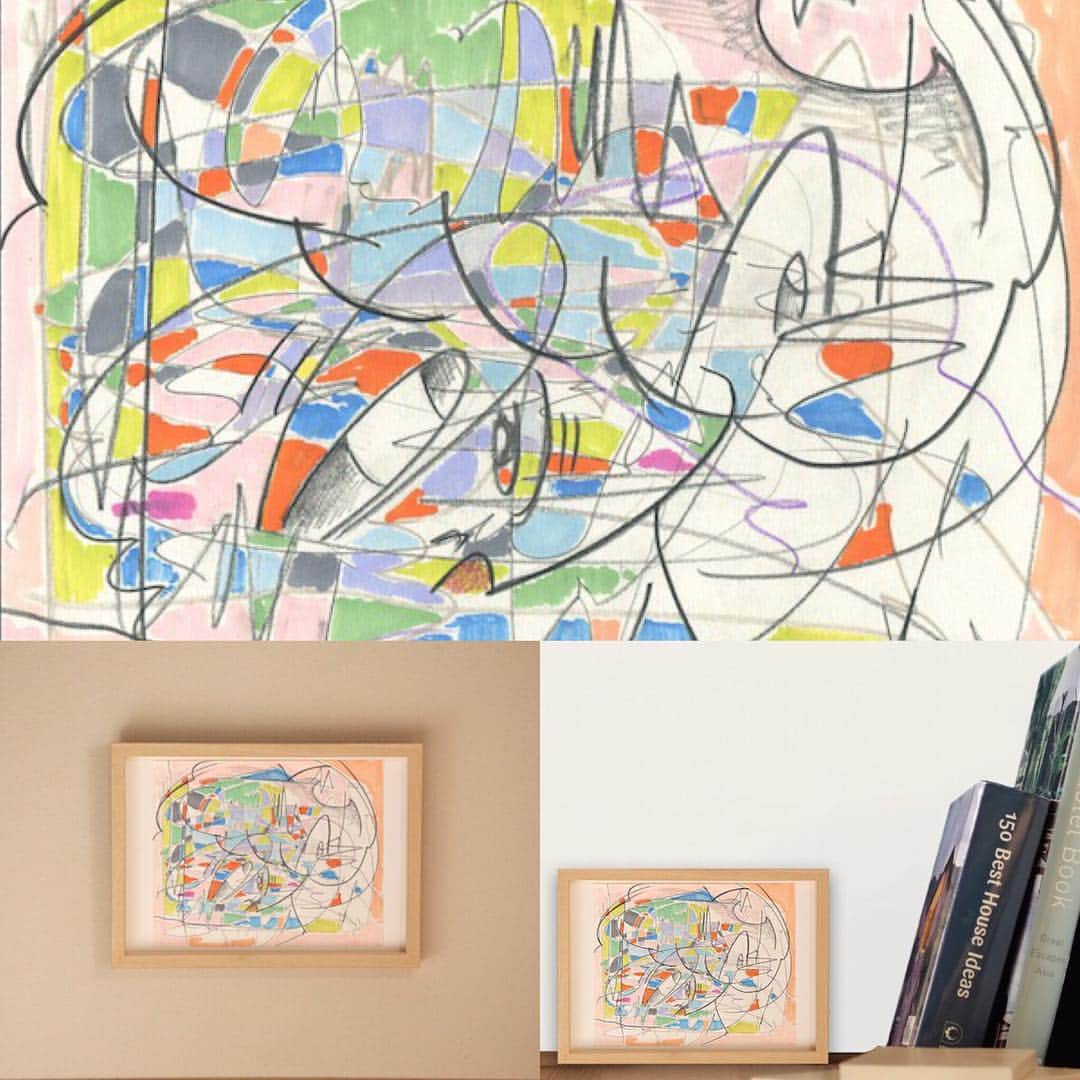 aRts STOREのインスタグラム：「一見ぐしゃぐしゃした幾何学模様のようにも見えますが、一部をじっと見つめているとかわいいキャラクターが潜んでいるようにも見えるし、コウモリが飛んでいるようにも見えます。  木枠と作品の色合いがマッチしていて、気軽にお部屋を飾れるアイテムだと思います。考えすぎず、アートを生活に取り込むという意味では、アートのことをあまり知らない初心者の方にぴったりかも！ 【備考】 素材:紙にペン、鉛筆、色鉛筆、ボールペン 制作年:2014年 納期:約1週間  price:¥ 4,320 size:19×24cm  http://www.arts-store.jp/products/detail.php?product_id=82  #art #interior #illustration #colorful #drawing」