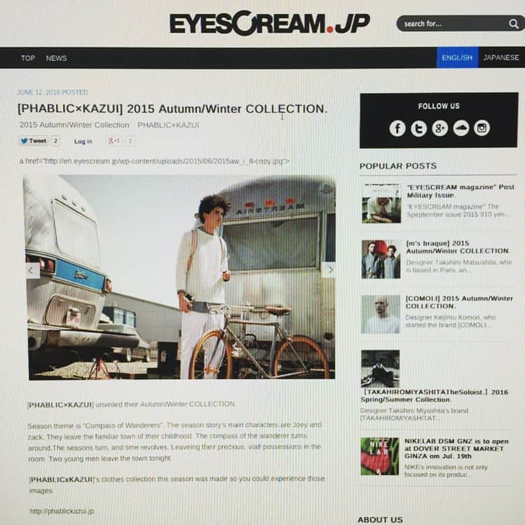 ファブリック バイ カズイのインスタグラム：「Media pick up [ eyescream.jp ] [PHABLIC×KAZUI] unveiled their Autumn/Winter COLLECTION.  Season theme is “Compass of Wanderers”. The season story’s main characters are Joey and zack. They leave the familiar town of their childhood. The compass of the wanderer turns around.The seasons turn, and time revolves. Leaveing their precious, viatl possessions in the room. Two young men leave the town tonight. [PHABLICxKAZUI]’s clothes collection this season was made so you could experience those images.  http://phablickazui.jp  #phablicbykazui #fashion #phablicbasement #webmedia #tokyo #japan #2015AW」