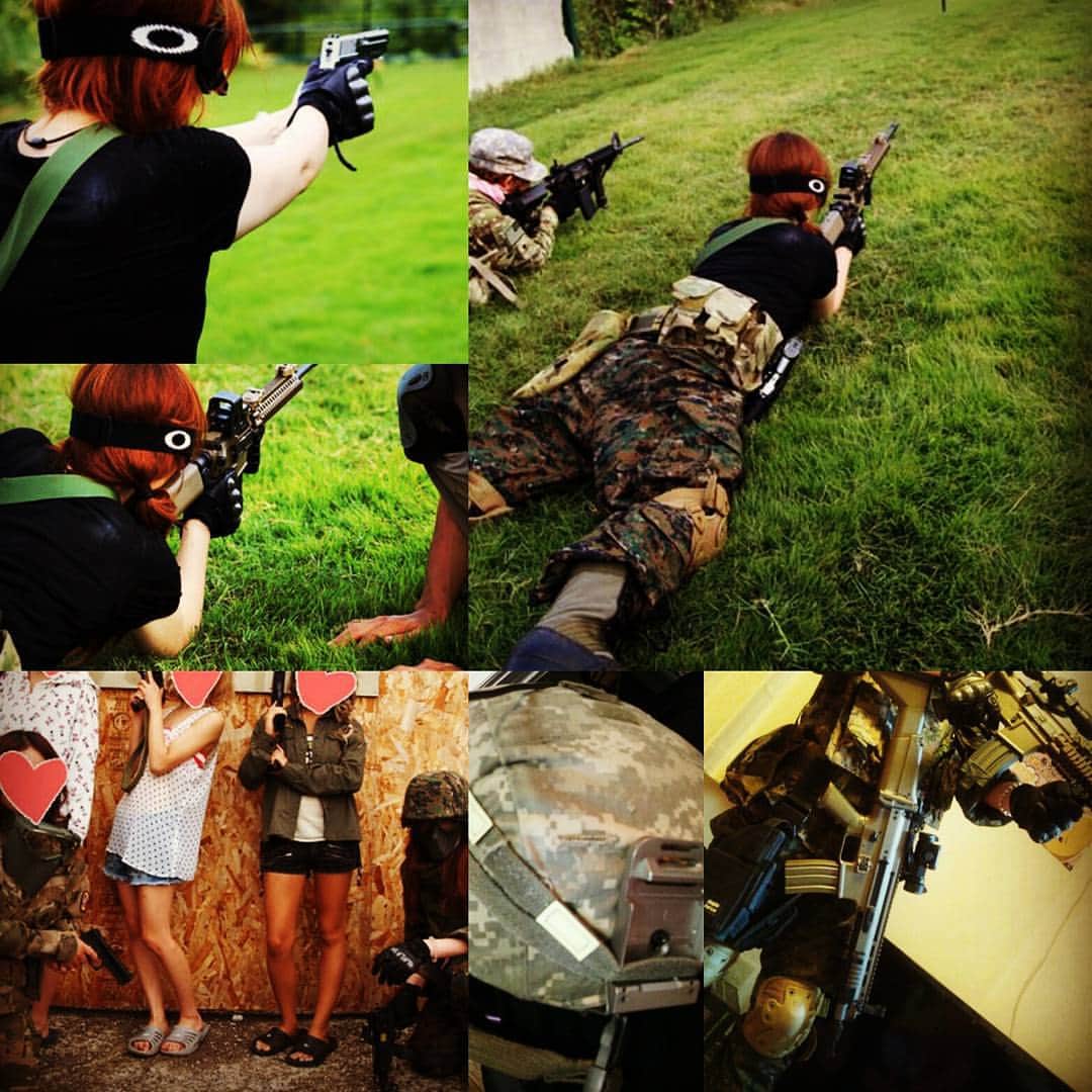 のインスタグラム：「懐かし写メ３年前。軍神みやじまさんとタクトレしたり、サバげしてたらギャル雑誌の取材が来てはしっこに写ったり。頭茶色いです、最近サバげは行けてない。#サバゲ　#タクトレ　#レシーライフル　#scar」
