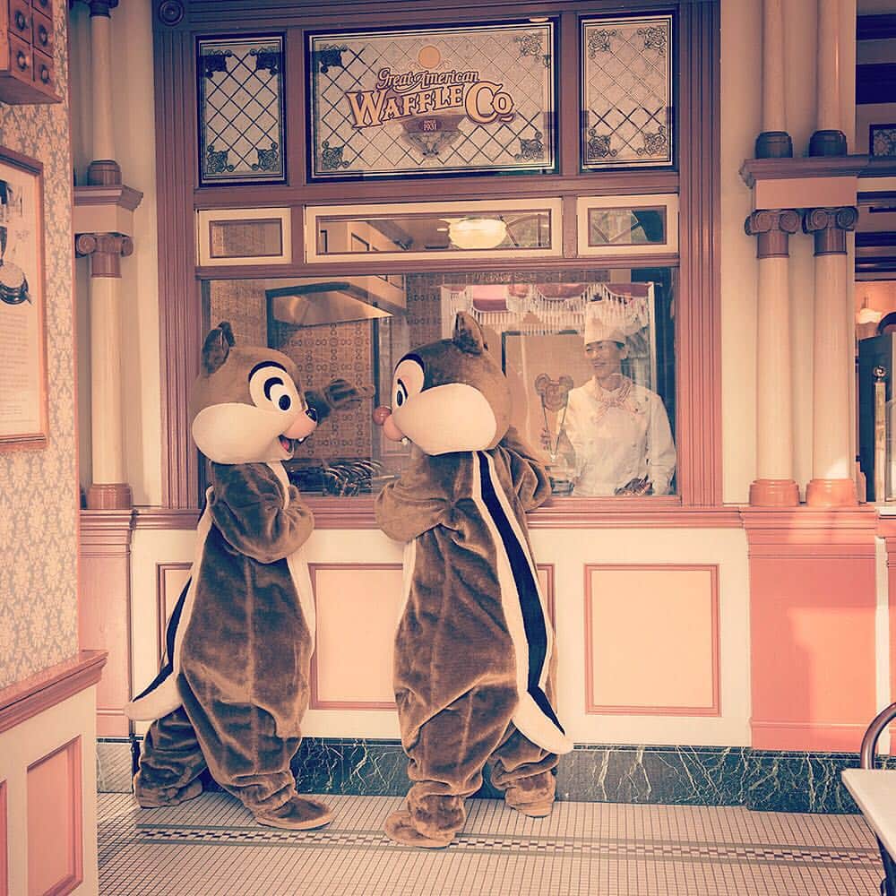 のインスタグラム：「Fresh waffles!  What's your favorite flavor? フレーバーの相談かな。さぁ何のフレーバーにする？  このお話は【公式】東京ディズニーリゾート・ブログで公開中～♪http://www.tokyodisneyresort.jp/blog/151007/  #chipanddale #greatamericanwafflecompany #tokyodisneyland  #tokyodisneyresort #waffles #食欲の秋 #グレートアメリカンワッフルカンパニー #東京ディズニーランド #東京ディズニーリゾート #ワッフル」