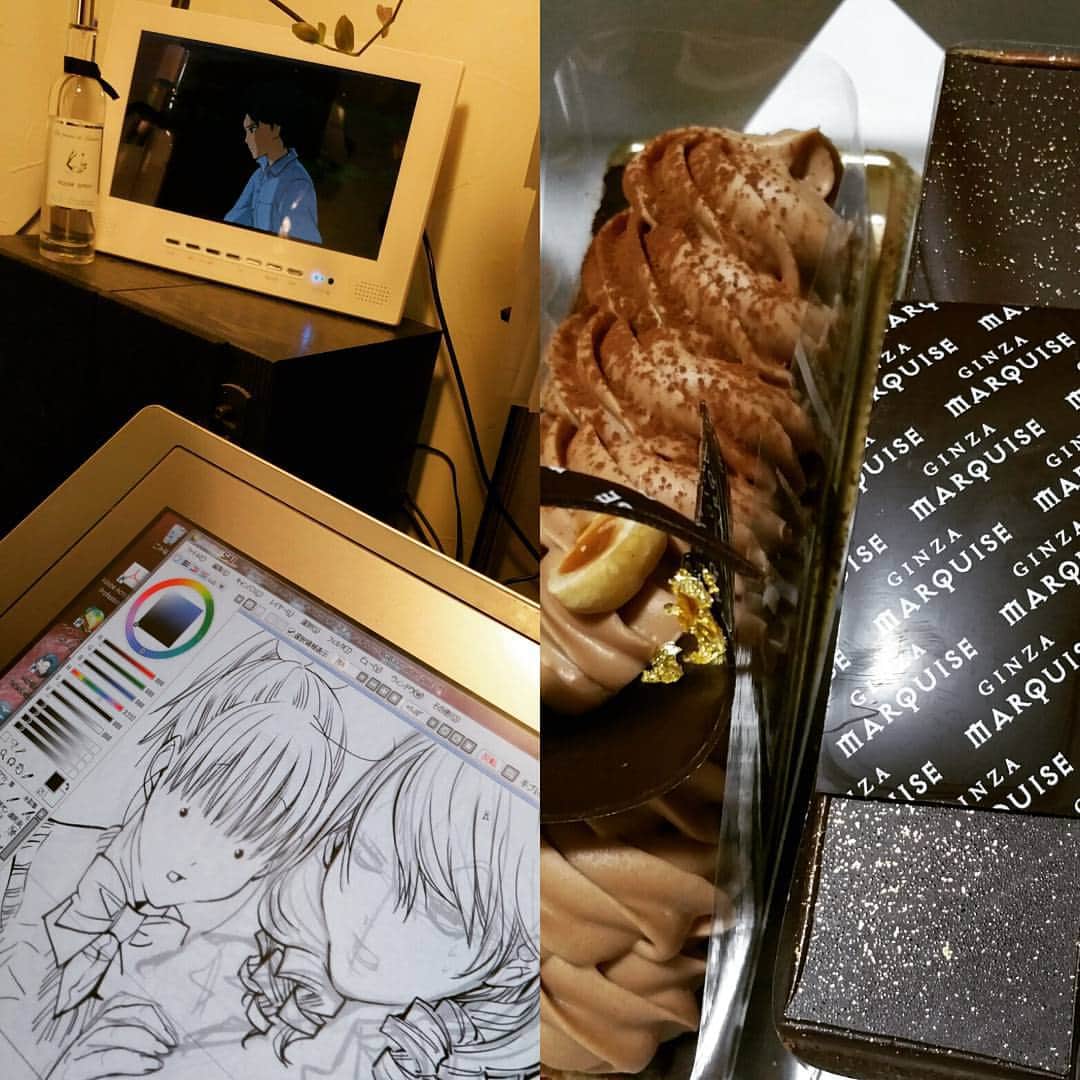 のインスタグラム：「マー二ー見ながらゴクジョの作画🙆🎵#manga #cake #illustration」